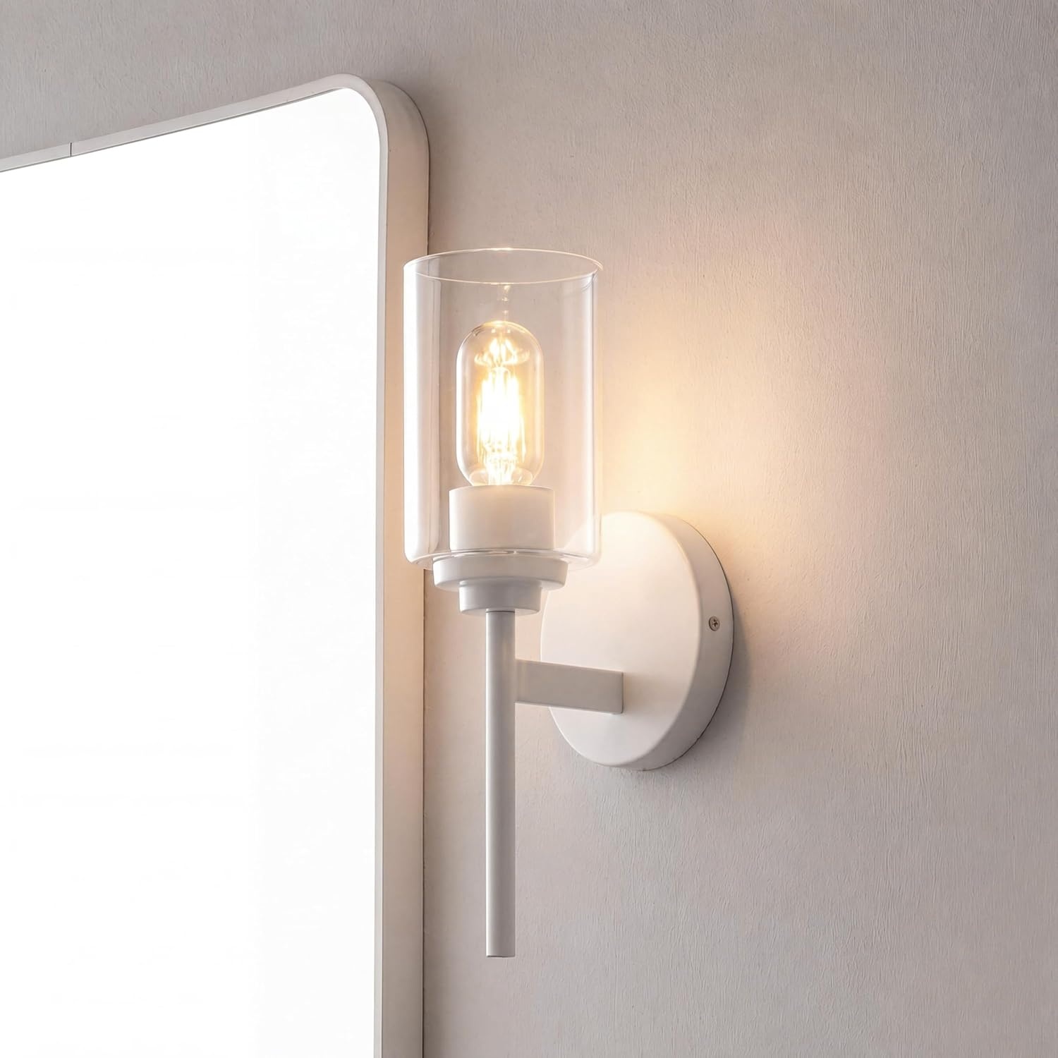 image:imageJONATHAN Y 13 Black Clear 1Light Metal Cylinder Wall Sconce Farmhouse Industrial Modern Indoor Lighting for Hallway Bathroom with Glass Shade LED Bulb Included JYL9547DWhite