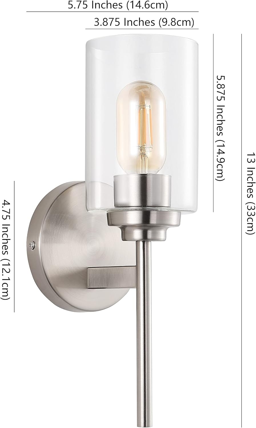 image:imageJONATHAN Y 13 Black Clear 1Light Metal Cylinder Wall Sconce Farmhouse Industrial Modern Indoor Lighting for Hallway Bathroom with Glass Shade LED Bulb Included JYL9547DNickel