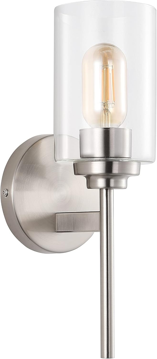 image:imageJONATHAN Y 13 Black Clear 1Light Metal Cylinder Wall Sconce Farmhouse Industrial Modern Indoor Lighting for Hallway Bathroom with Glass Shade LED Bulb Included JYL9547DNickel