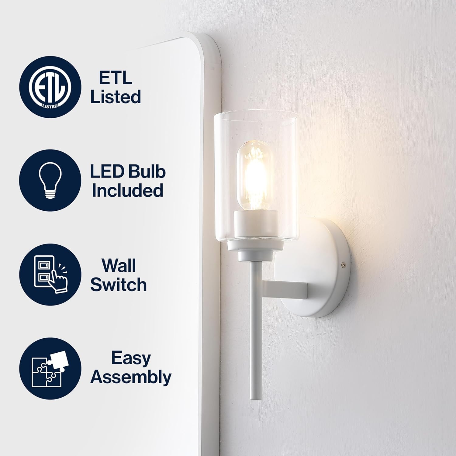 image:imageJONATHAN Y 13 Black Clear 1Light Metal Cylinder Wall Sconce Farmhouse Industrial Modern Indoor Lighting for Hallway Bathroom with Glass Shade LED Bulb Included JYL9547DWhite