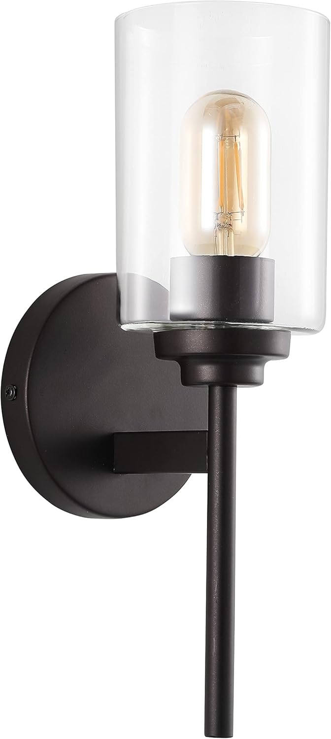 image:imageJONATHAN Y 13 Black Clear 1Light Metal Cylinder Wall Sconce Farmhouse Industrial Modern Indoor Lighting for Hallway Bathroom with Glass Shade LED Bulb Included JYL9547DOilRubbed Bronze