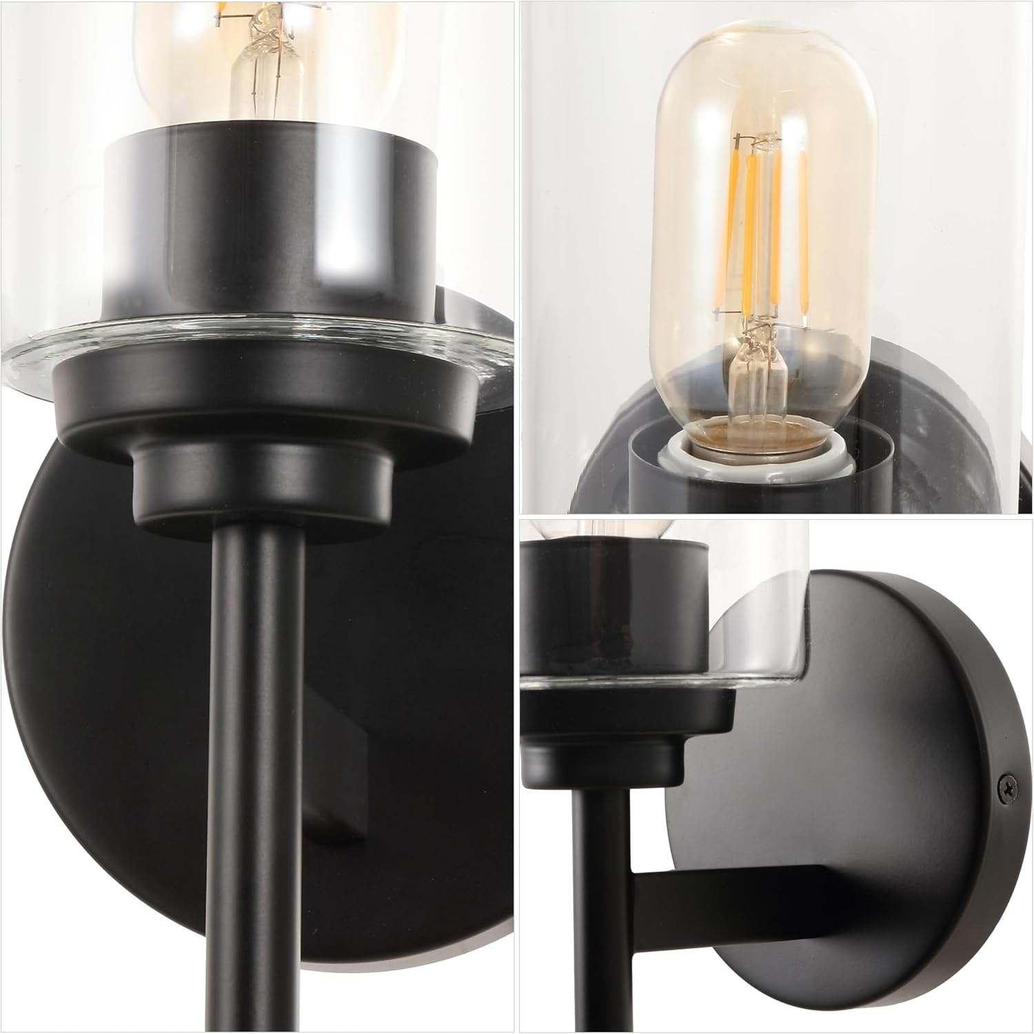 image:imageJONATHAN Y 13 Black Clear 1Light Metal Cylinder Wall Sconce Farmhouse Industrial Modern Indoor Lighting for Hallway Bathroom with Glass Shade LED Bulb Included JYL9547DBlack