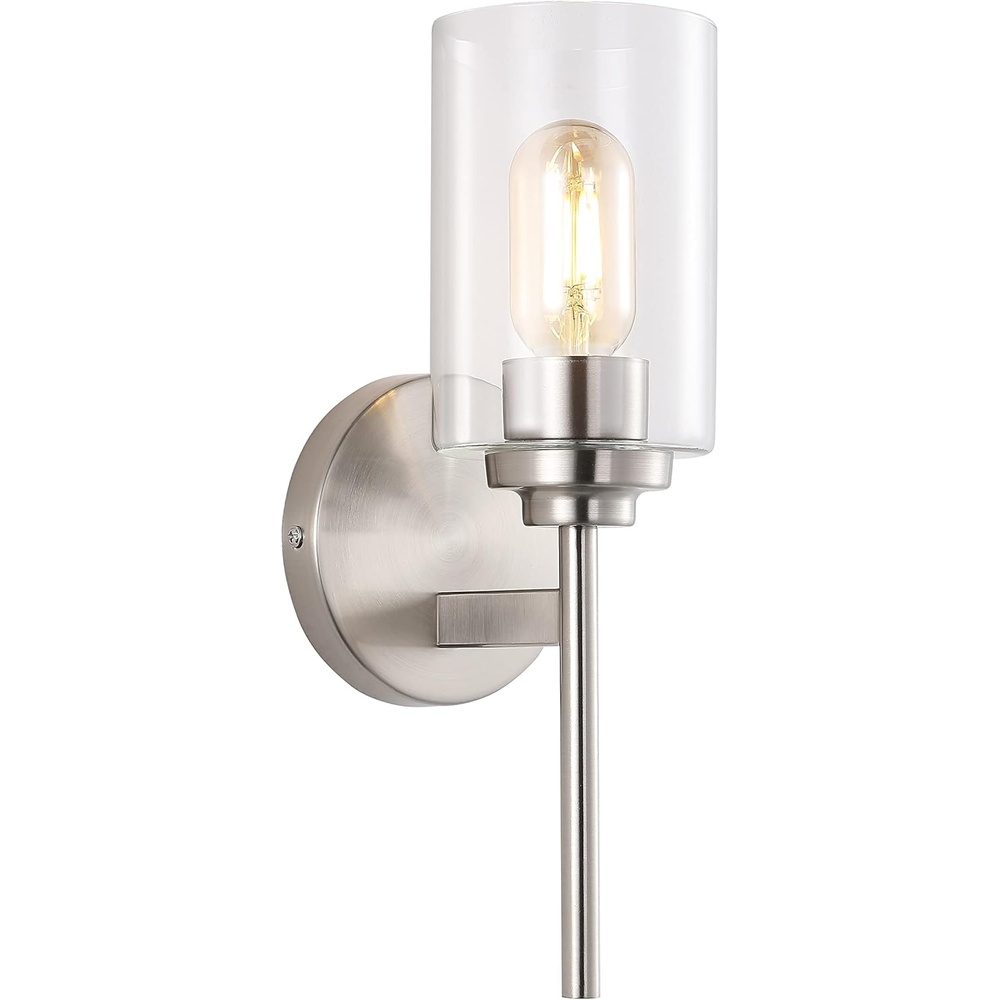 image:imageJONATHAN Y 13 Black Clear 1Light Metal Cylinder Wall Sconce Farmhouse Industrial Modern Indoor Lighting for Hallway Bathroom with Glass Shade LED Bulb Included JYL9547DNickel