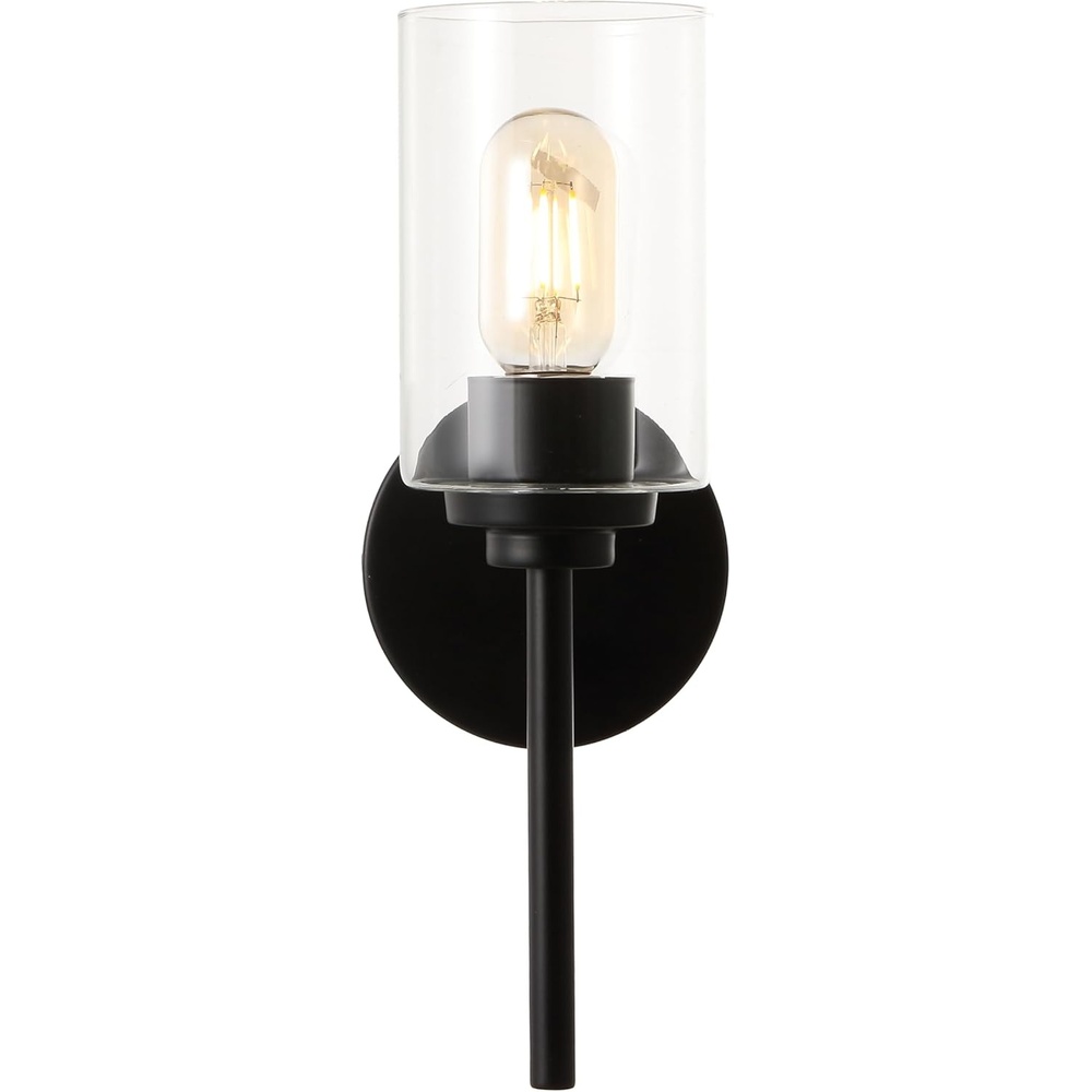 image:imageJONATHAN Y 13 Black Clear 1Light Metal Cylinder Wall Sconce Farmhouse Industrial Modern Indoor Lighting for Hallway Bathroom with Glass Shade LED Bulb Included JYL9547DBlack