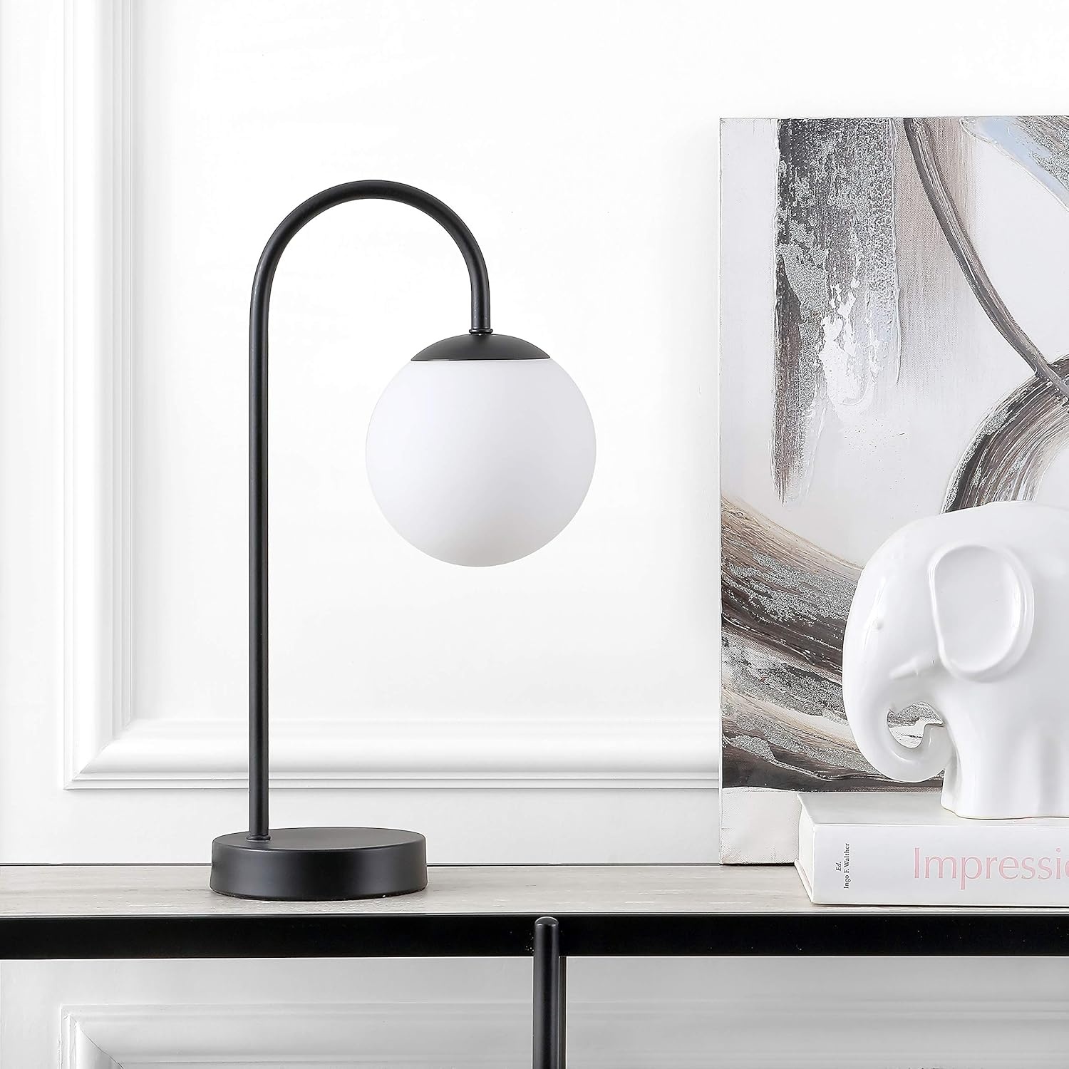 image:imageJONATHAN Y 1825 Brass Gold Glass Globe Table Lamp Minimalist MidCentury Bedside Lamp for Bedroom Living Room with White Glass Shade LED Bulb Included JYL6010BBlack