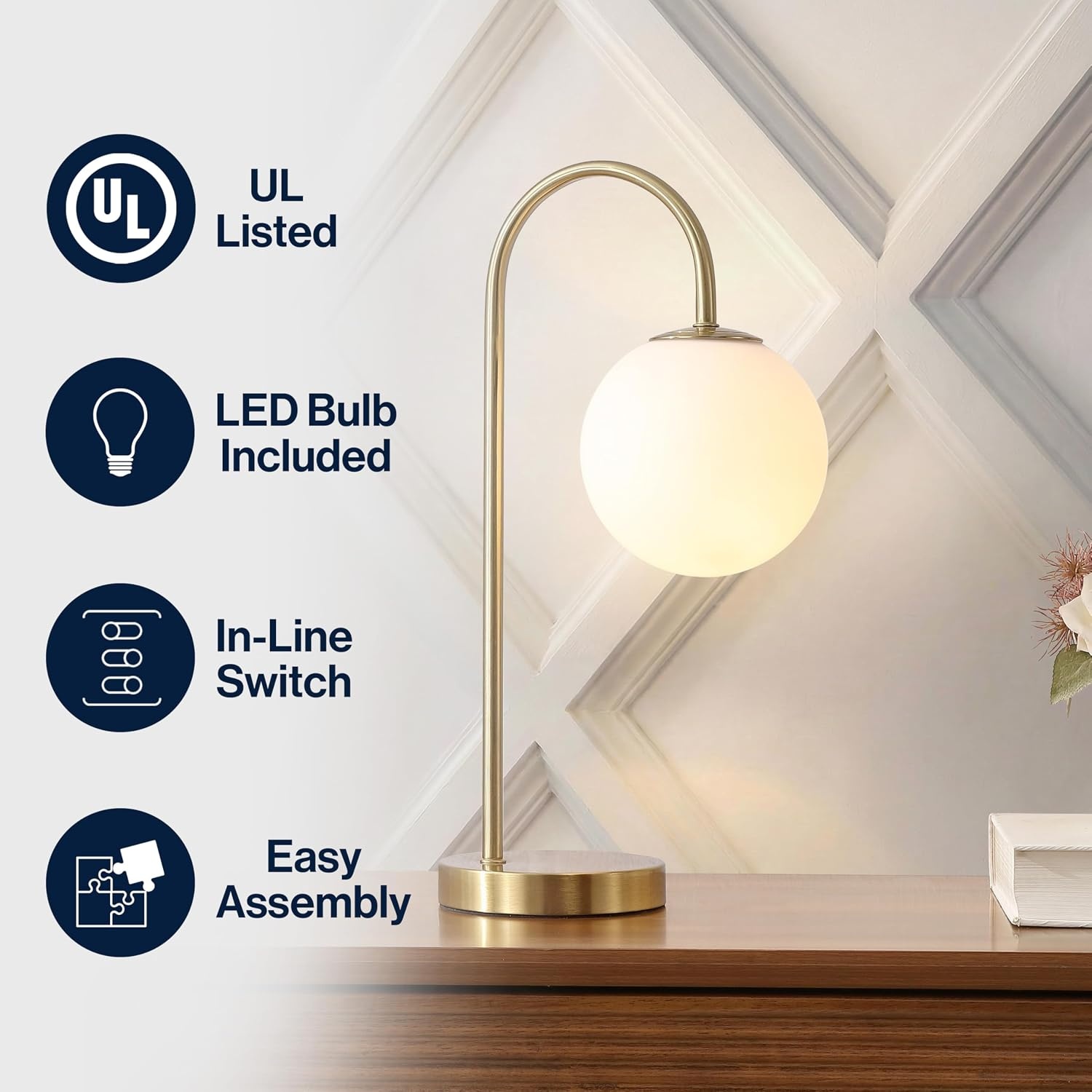 image:imageJONATHAN Y 1825 Brass Gold Glass Globe Table Lamp Minimalist MidCentury Bedside Lamp for Bedroom Living Room with White Glass Shade LED Bulb Included JYL6010BBrass Gold