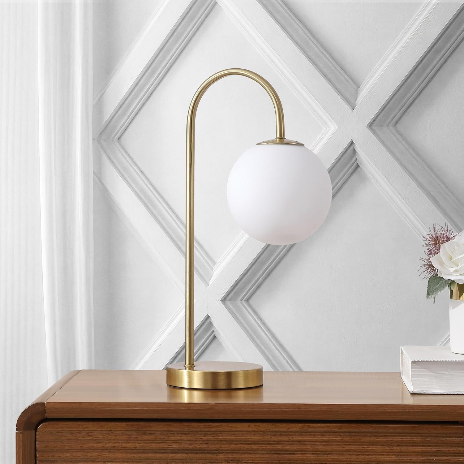 image:imageJONATHAN Y 1825 Brass Gold Glass Globe Table Lamp Minimalist MidCentury Bedside Lamp for Bedroom Living Room with White Glass Shade LED Bulb Included JYL6010BBrass Gold