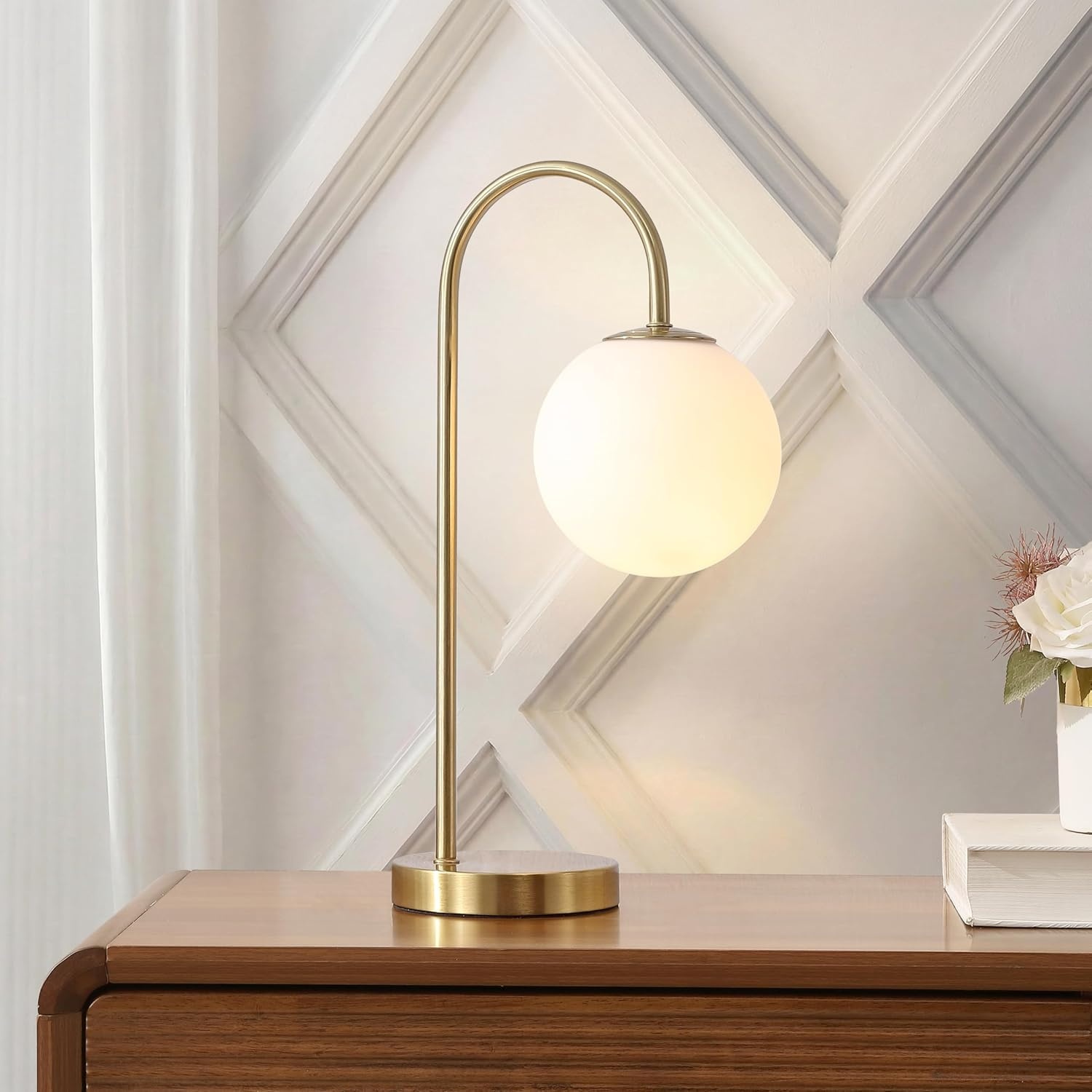 image:imageJONATHAN Y 1825 Brass Gold Glass Globe Table Lamp Minimalist MidCentury Bedside Lamp for Bedroom Living Room with White Glass Shade LED Bulb Included JYL6010BBrass Gold