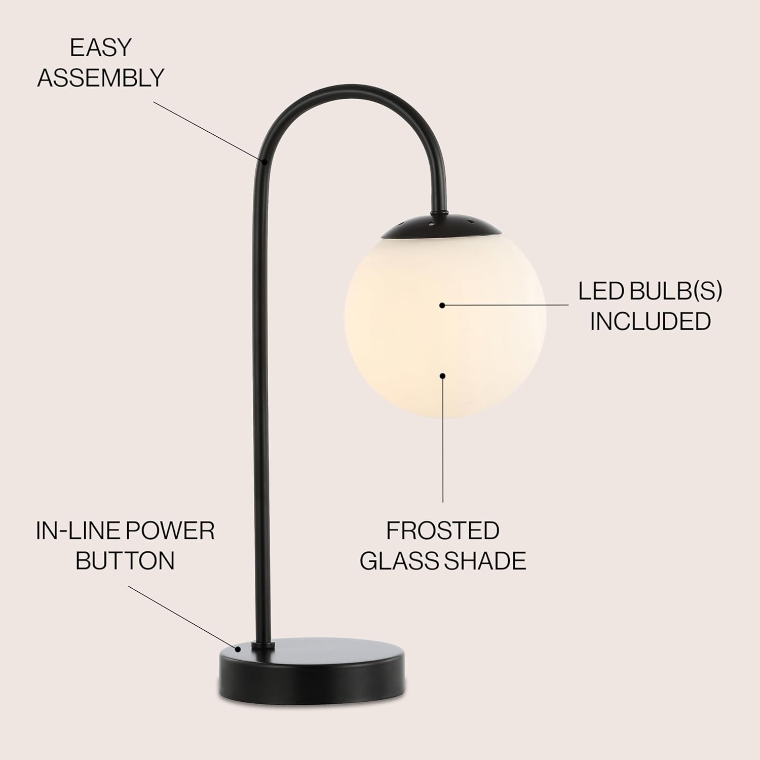 image:imageJONATHAN Y 1825 Brass Gold Glass Globe Table Lamp Minimalist MidCentury Bedside Lamp for Bedroom Living Room with White Glass Shade LED Bulb Included JYL6010BBlack