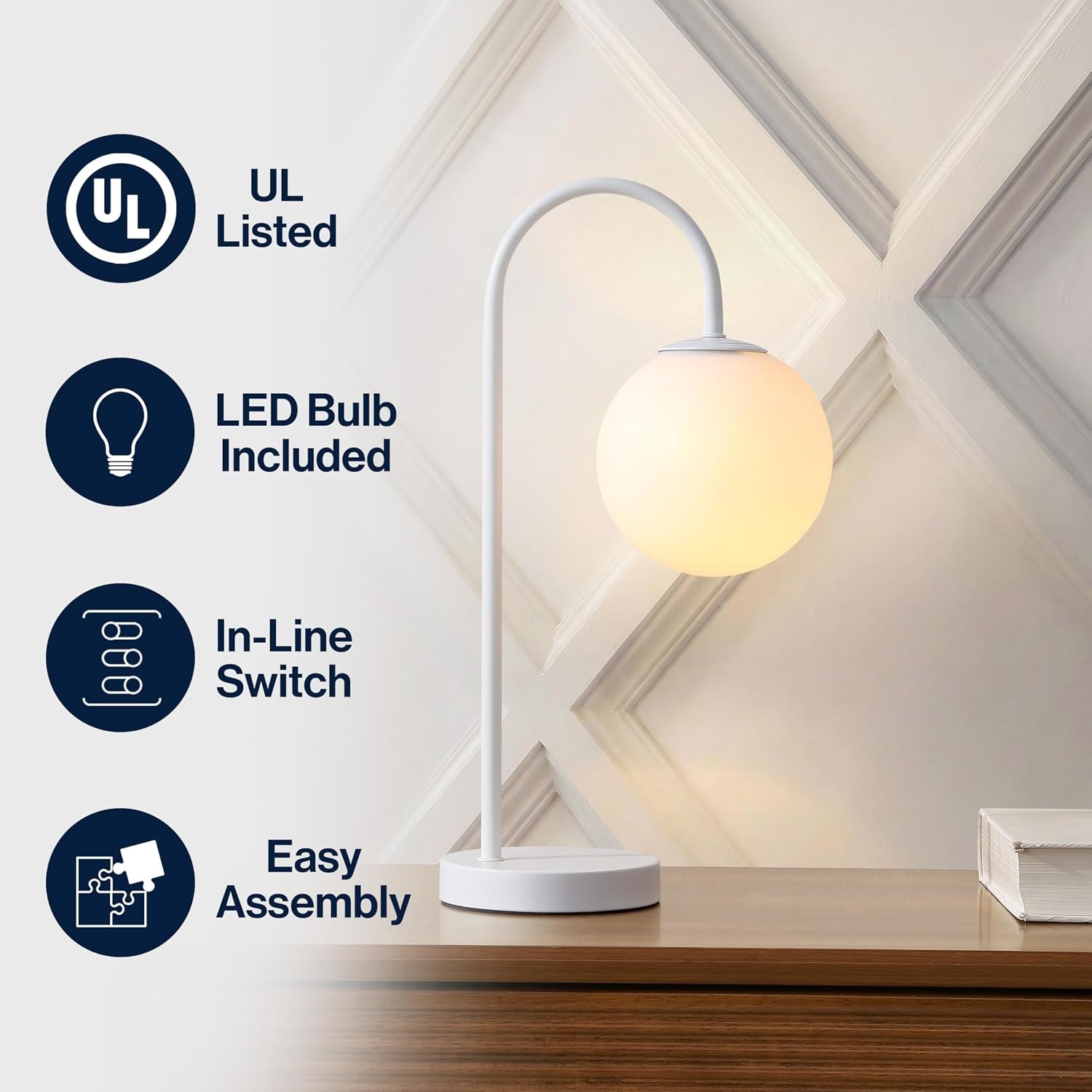 image:imageJONATHAN Y 1825 Brass Gold Glass Globe Table Lamp Minimalist MidCentury Bedside Lamp for Bedroom Living Room with White Glass Shade LED Bulb Included JYL6010BWhite