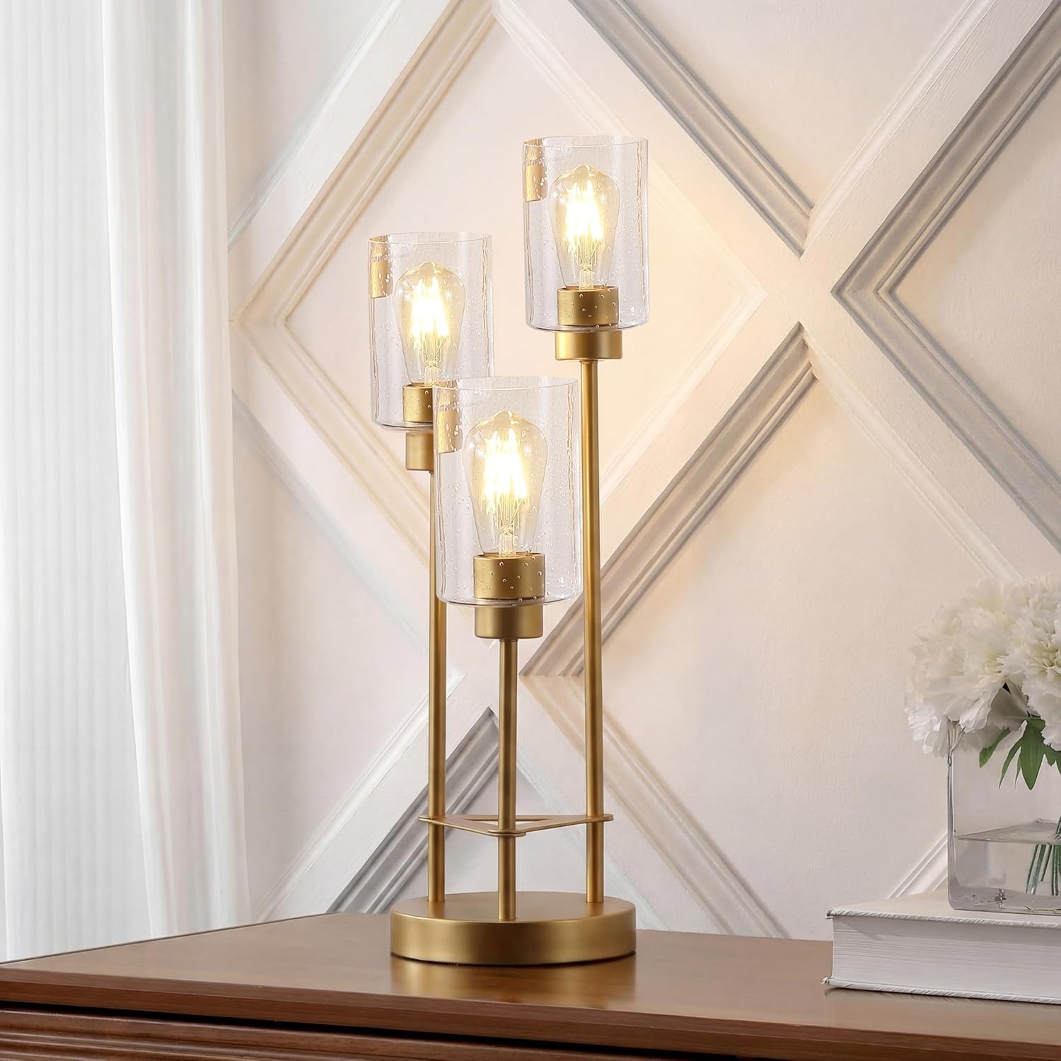 image:imageJONATHAN Y 205 Gold 3Light Metal Candlestick Table Lamp Contemporary Industrial Modern Accent Lamp for Living Room Bedroom with Clear Seeded Glass Shades LED Bulbs Included JYL3084BGold Painting