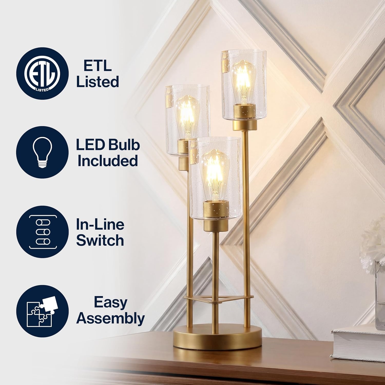 image:imageJONATHAN Y 205 Gold 3Light Metal Candlestick Table Lamp Contemporary Industrial Modern Accent Lamp for Living Room Bedroom with Clear Seeded Glass Shades LED Bulbs Included JYL3084BGold Painting