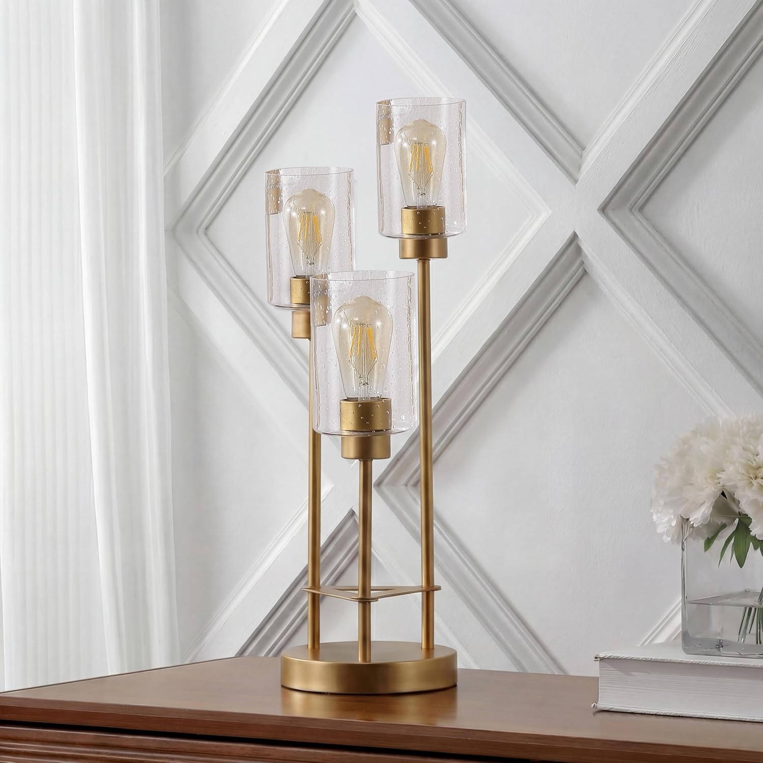 image:imageJONATHAN Y 205 Gold 3Light Metal Candlestick Table Lamp Contemporary Industrial Modern Accent Lamp for Living Room Bedroom with Clear Seeded Glass Shades LED Bulbs Included JYL3084BGold Painting