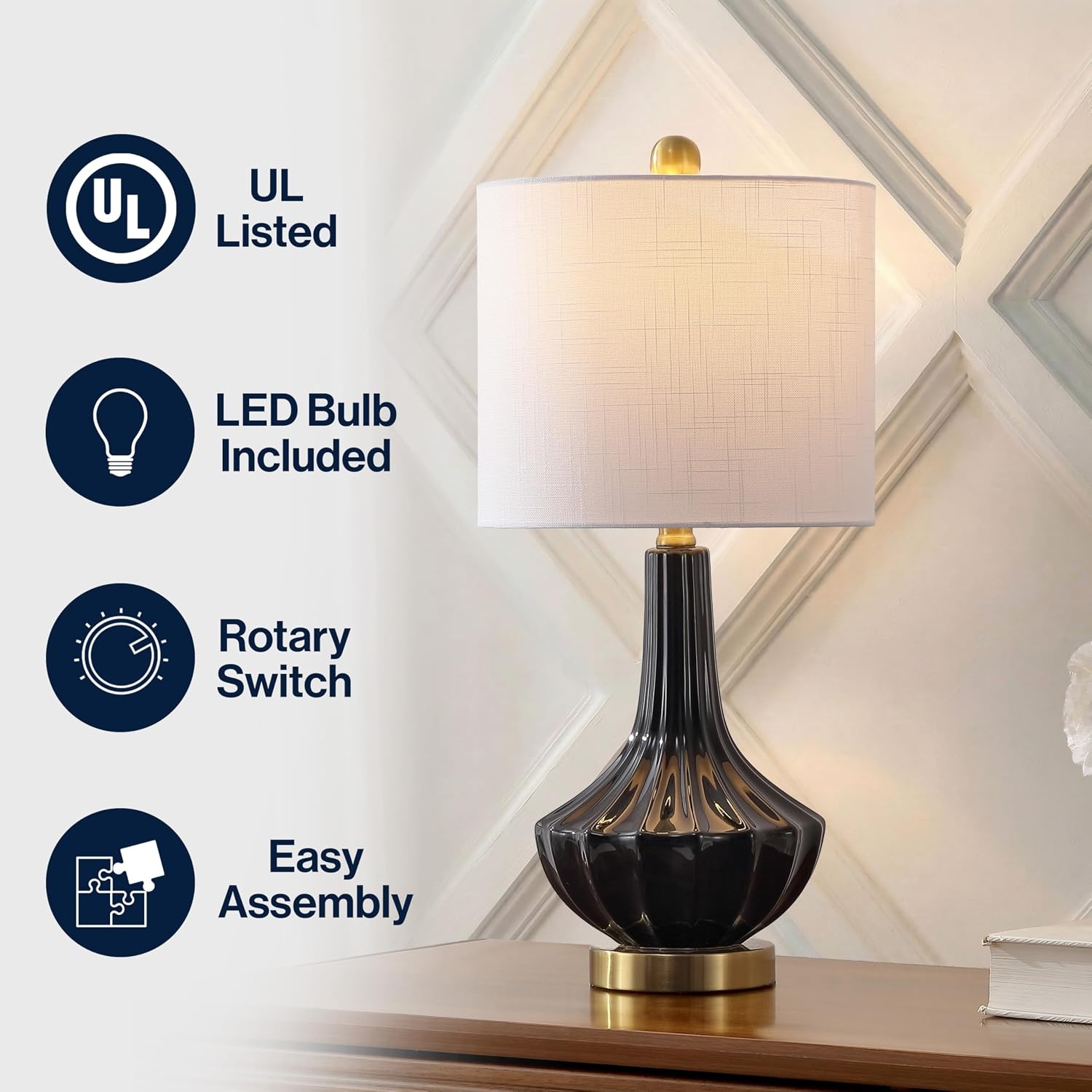 image:imageJONATHAN Y 215 Black Brass Gold Ribbed Ceramic Gourd Table Lamp Contemporary Bedside Nightstand Lamp for Bedroom Living Room with White Linen Shade LED Bulb Included JYL1030BBlack