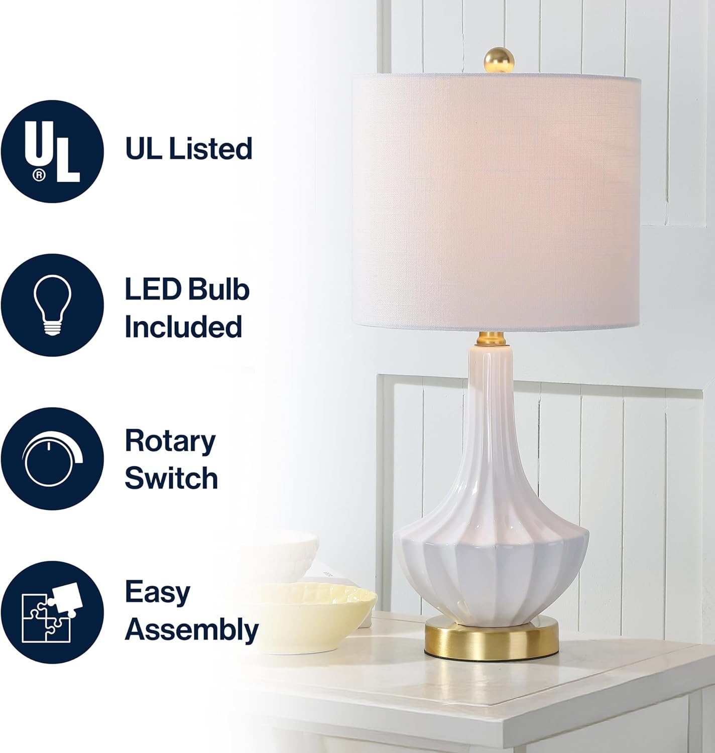 image:imageJONATHAN Y 215 Black Brass Gold Ribbed Ceramic Gourd Table Lamp Contemporary Bedside Nightstand Lamp for Bedroom Living Room with White Linen Shade LED Bulb Included JYL1030BWhite