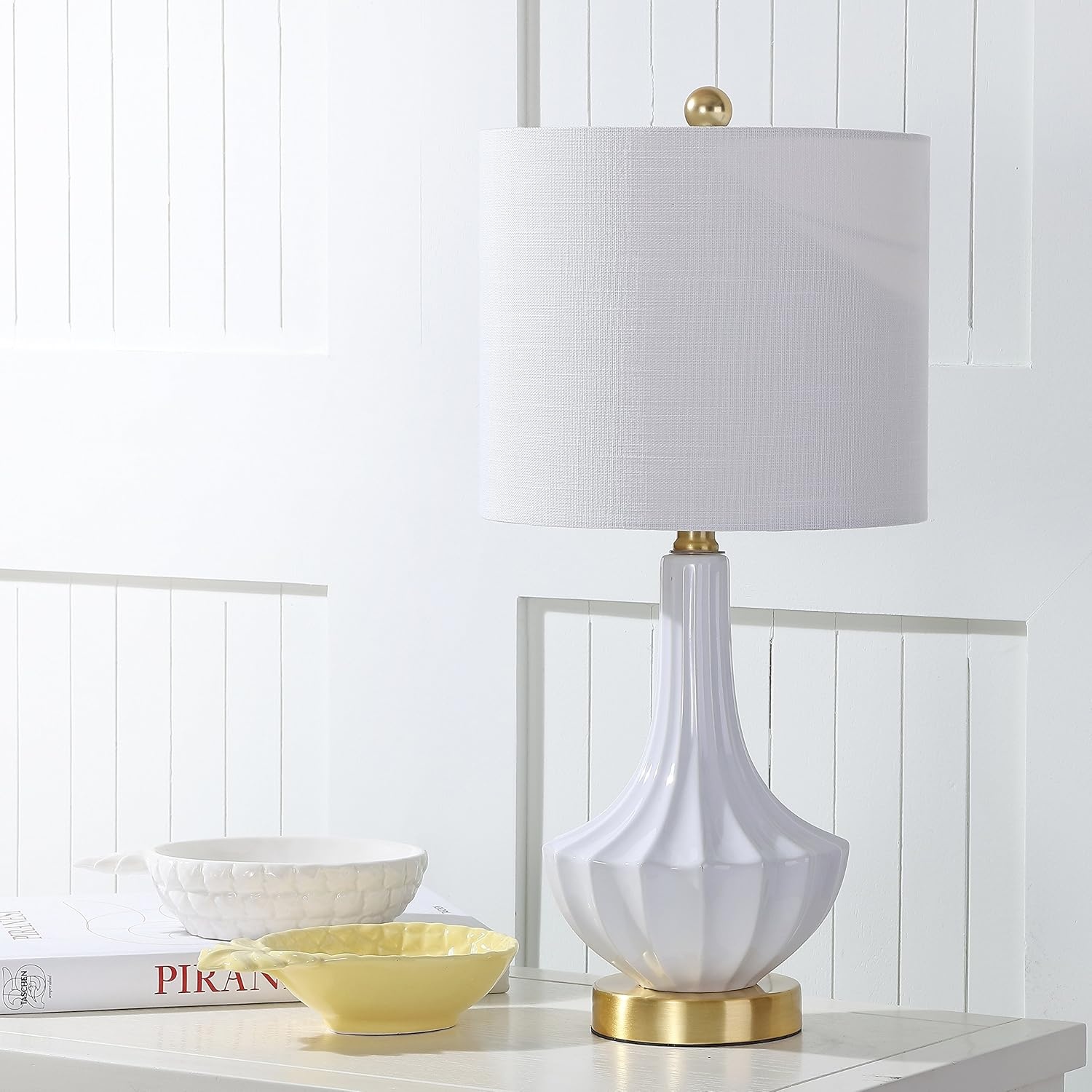 image:imageJONATHAN Y 215 Black Brass Gold Ribbed Ceramic Gourd Table Lamp Contemporary Bedside Nightstand Lamp for Bedroom Living Room with White Linen Shade LED Bulb Included JYL1030BWhite