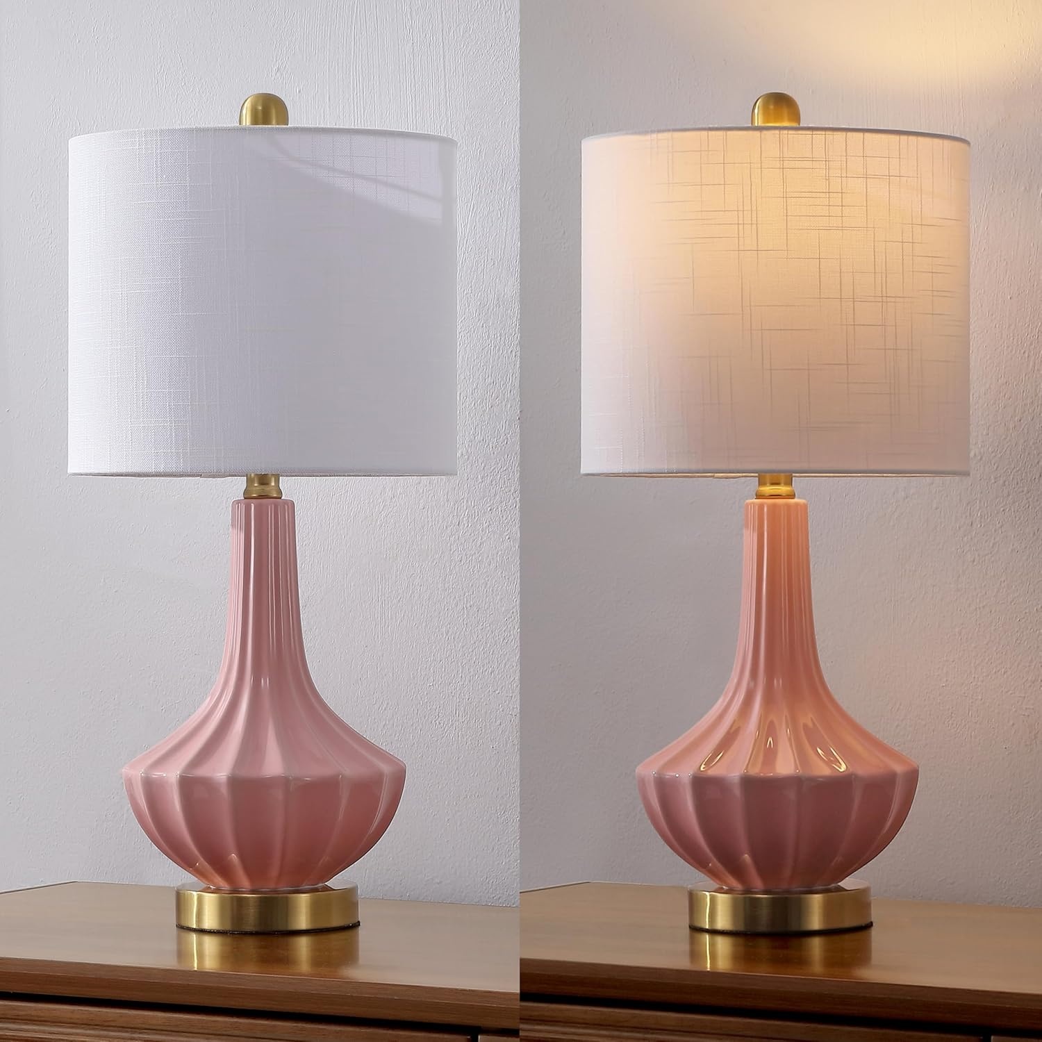image:imageJONATHAN Y 215 Black Brass Gold Ribbed Ceramic Gourd Table Lamp Contemporary Bedside Nightstand Lamp for Bedroom Living Room with White Linen Shade LED Bulb Included JYL1030BPink