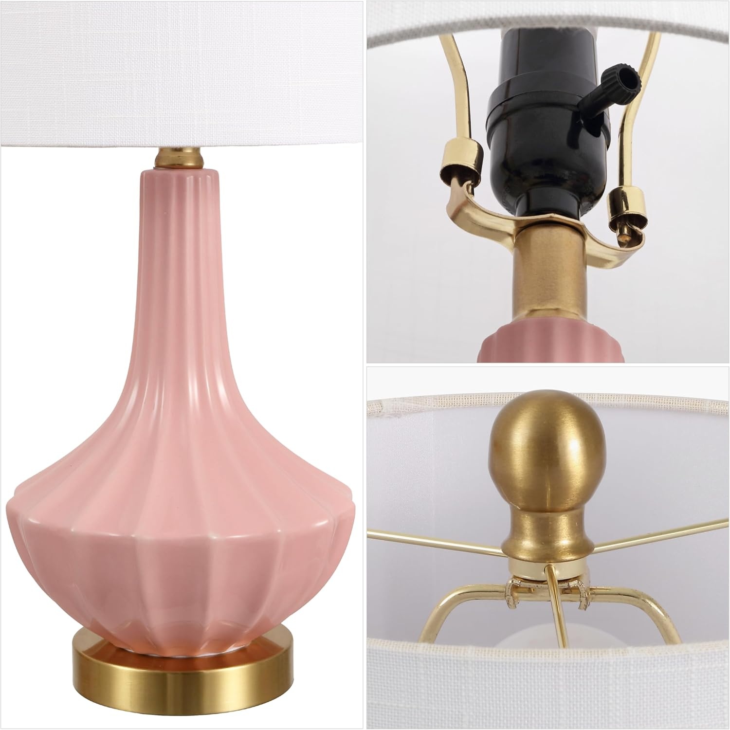 image:imageJONATHAN Y 215 Black Brass Gold Ribbed Ceramic Gourd Table Lamp Contemporary Bedside Nightstand Lamp for Bedroom Living Room with White Linen Shade LED Bulb Included JYL1030BPink