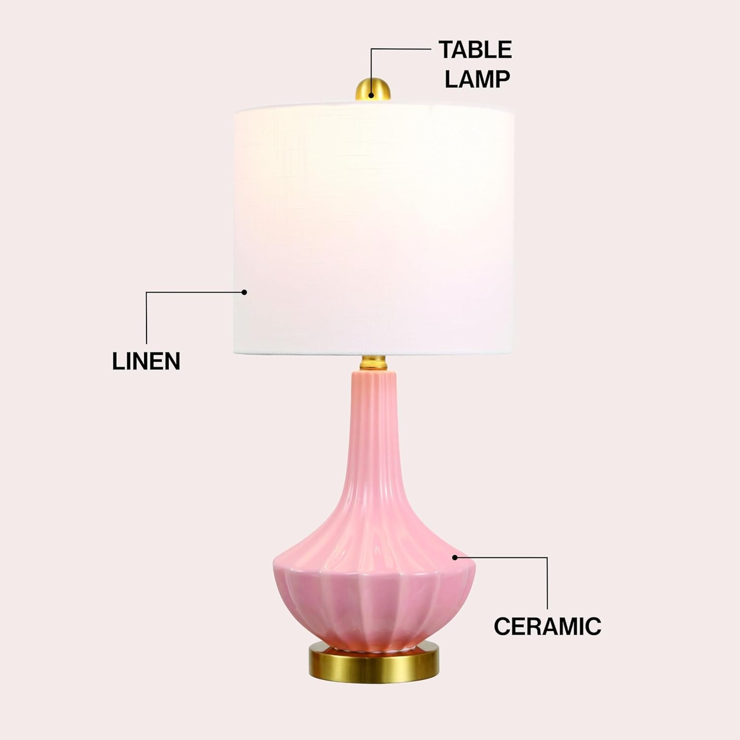 image:imageJONATHAN Y 215 Black Brass Gold Ribbed Ceramic Gourd Table Lamp Contemporary Bedside Nightstand Lamp for Bedroom Living Room with White Linen Shade LED Bulb Included JYL1030BPink