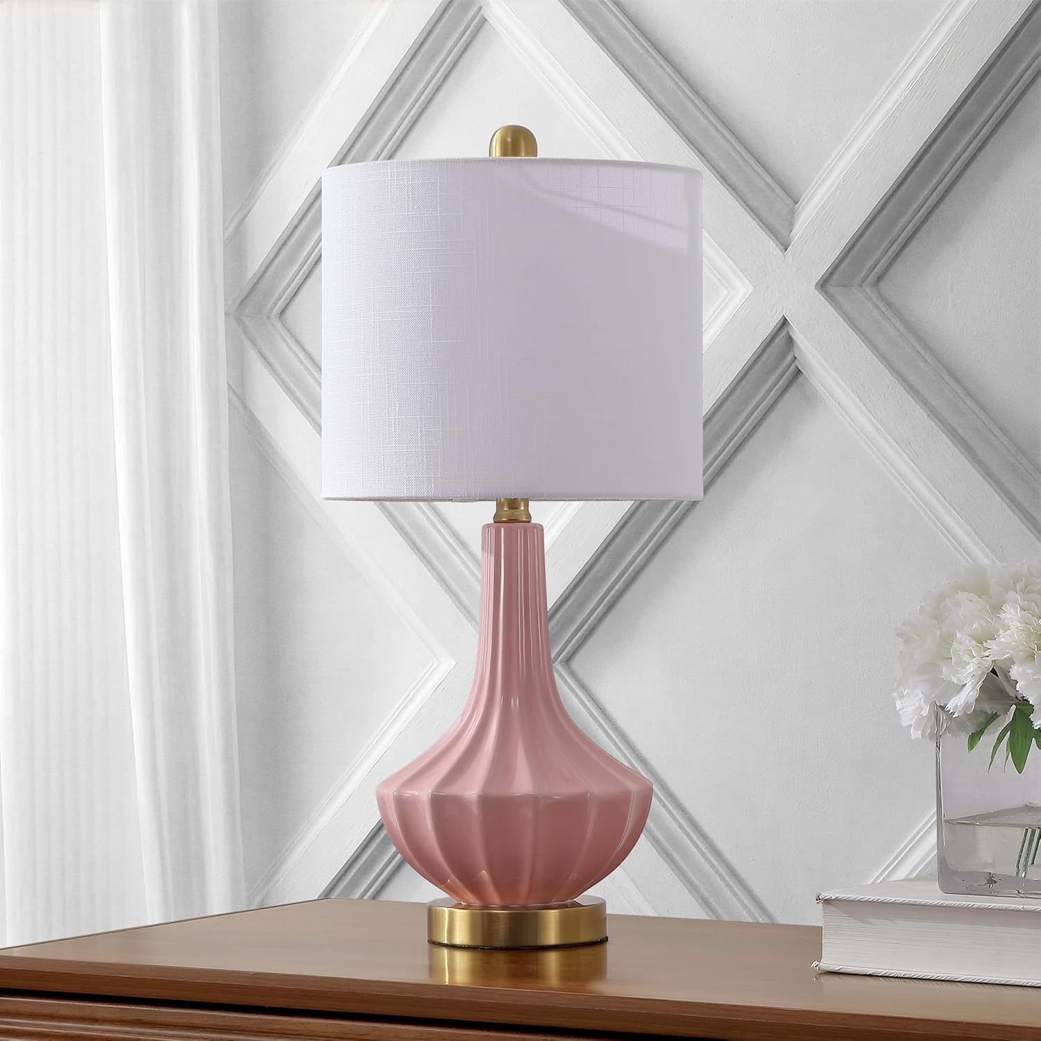 image:imageJONATHAN Y 215 Black Brass Gold Ribbed Ceramic Gourd Table Lamp Contemporary Bedside Nightstand Lamp for Bedroom Living Room with White Linen Shade LED Bulb Included JYL1030BPink