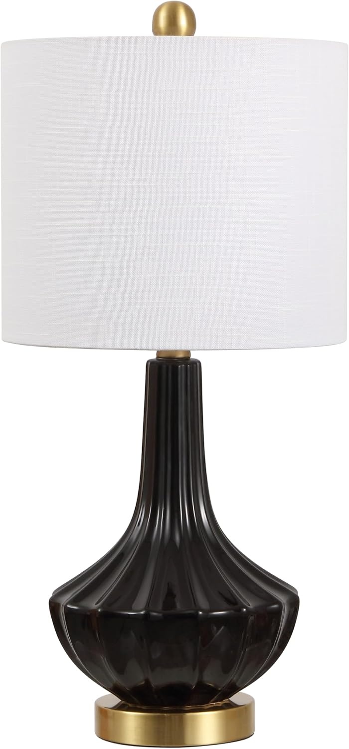 image:imageJONATHAN Y 215 Black Brass Gold Ribbed Ceramic Gourd Table Lamp Contemporary Bedside Nightstand Lamp for Bedroom Living Room with White Linen Shade LED Bulb Included JYL1030BBlack