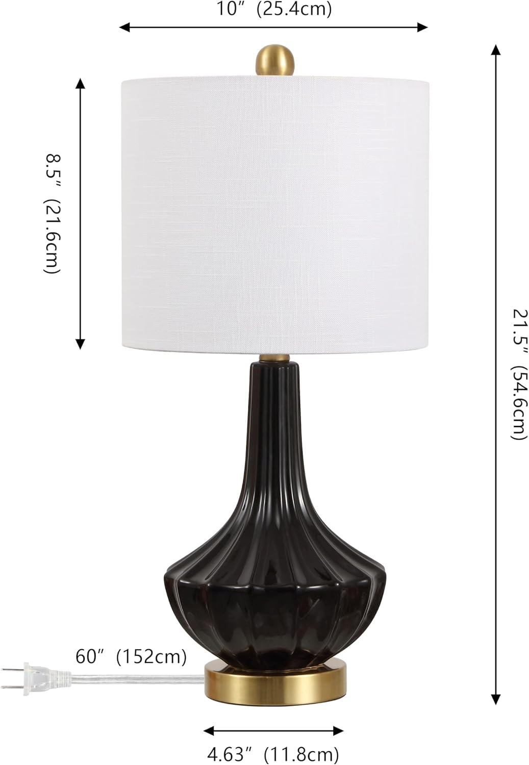 image:imageJONATHAN Y 215 Black Brass Gold Ribbed Ceramic Gourd Table Lamp Contemporary Bedside Nightstand Lamp for Bedroom Living Room with White Linen Shade LED Bulb Included JYL1030BBlack