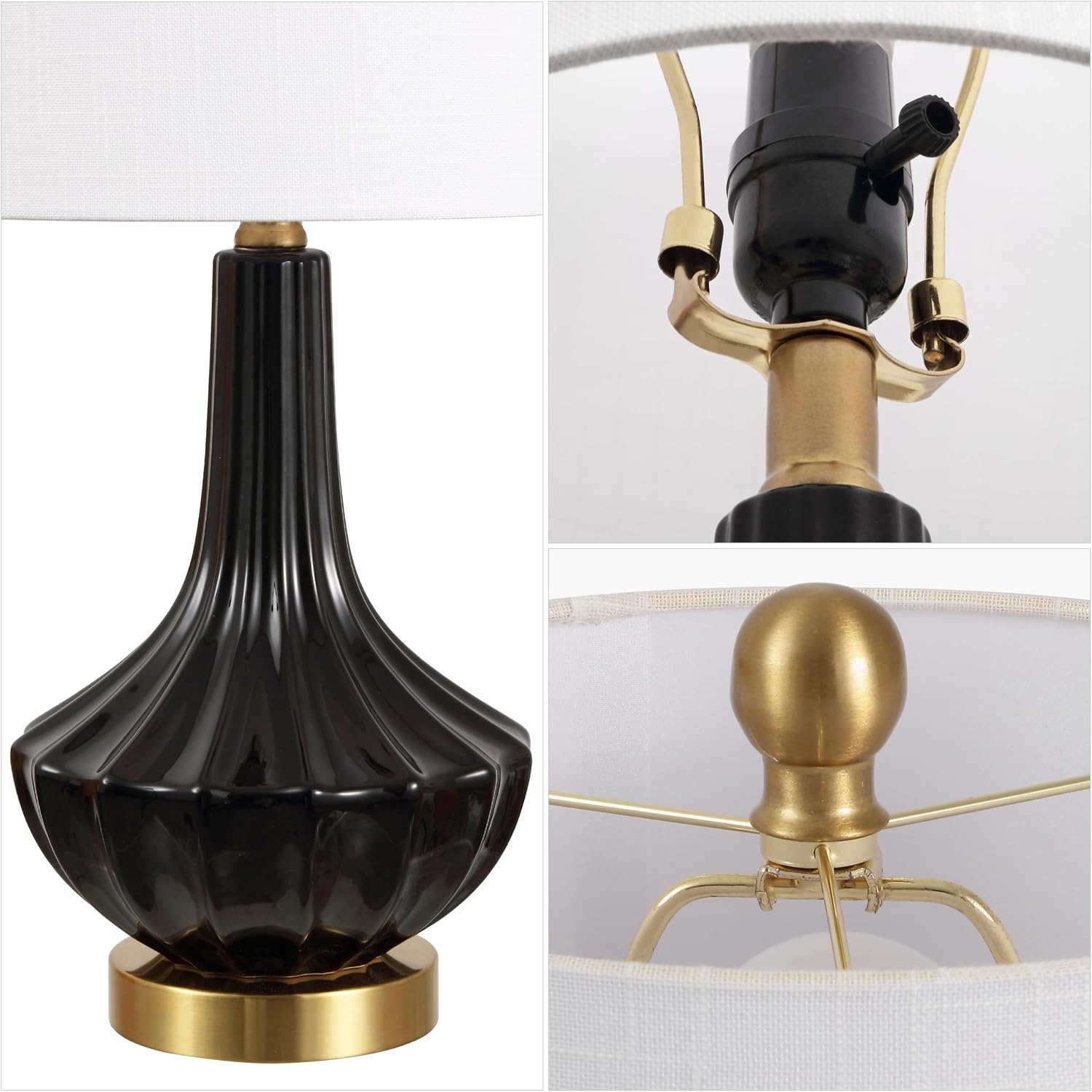 image:imageJONATHAN Y 215 Black Brass Gold Ribbed Ceramic Gourd Table Lamp Contemporary Bedside Nightstand Lamp for Bedroom Living Room with White Linen Shade LED Bulb Included JYL1030BBlack
