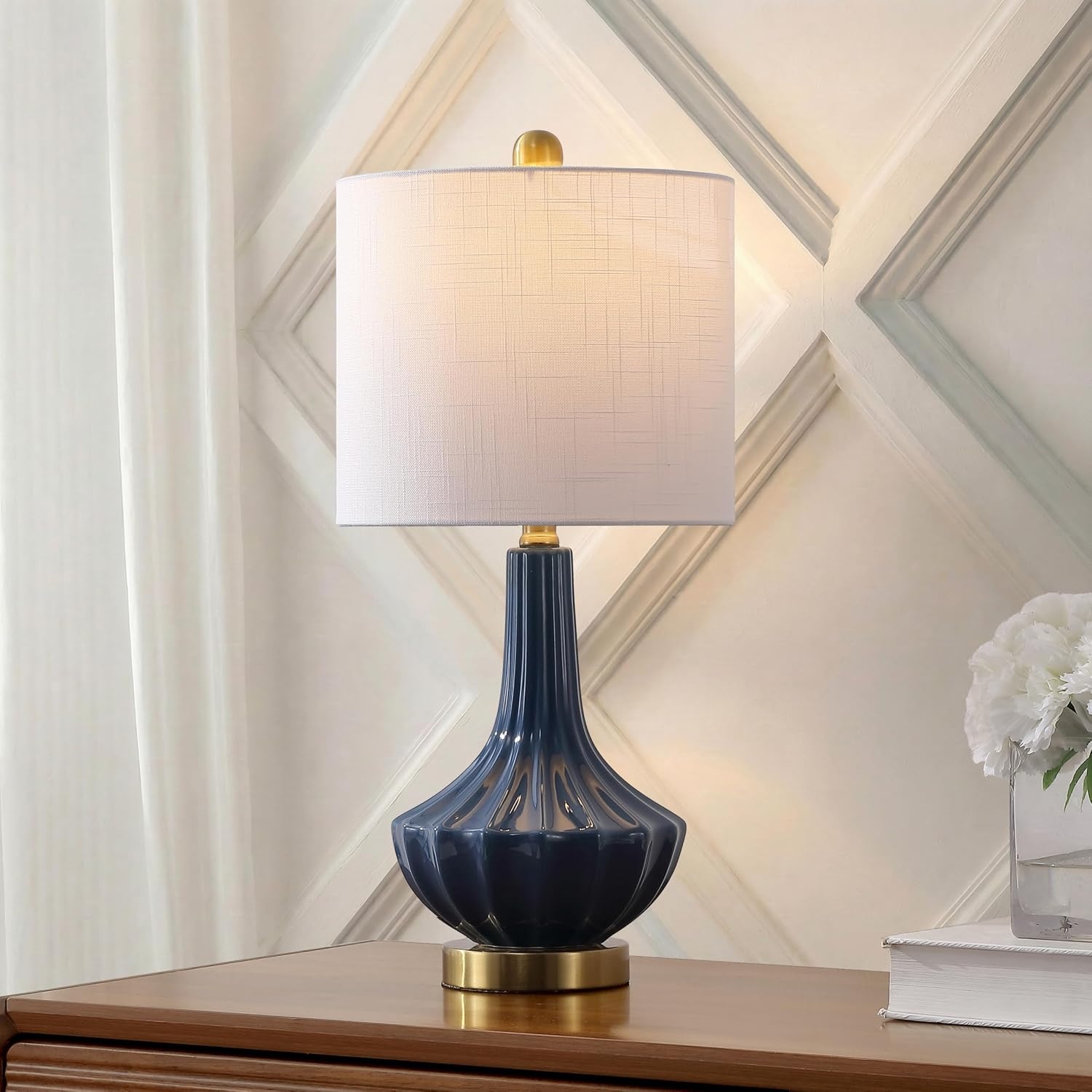 image:imageJONATHAN Y 215 Black Brass Gold Ribbed Ceramic Gourd Table Lamp Contemporary Bedside Nightstand Lamp for Bedroom Living Room with White Linen Shade LED Bulb Included JYL1030BBlue