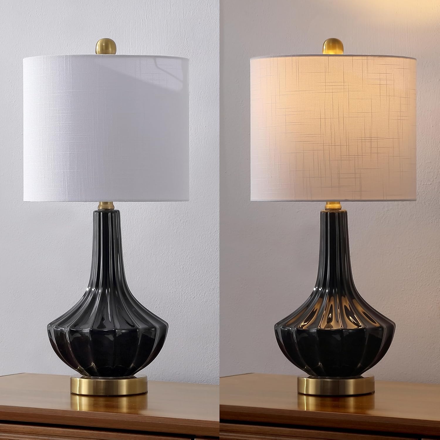 image:imageJONATHAN Y 215 Black Brass Gold Ribbed Ceramic Gourd Table Lamp Contemporary Bedside Nightstand Lamp for Bedroom Living Room with White Linen Shade LED Bulb Included JYL1030BBlack