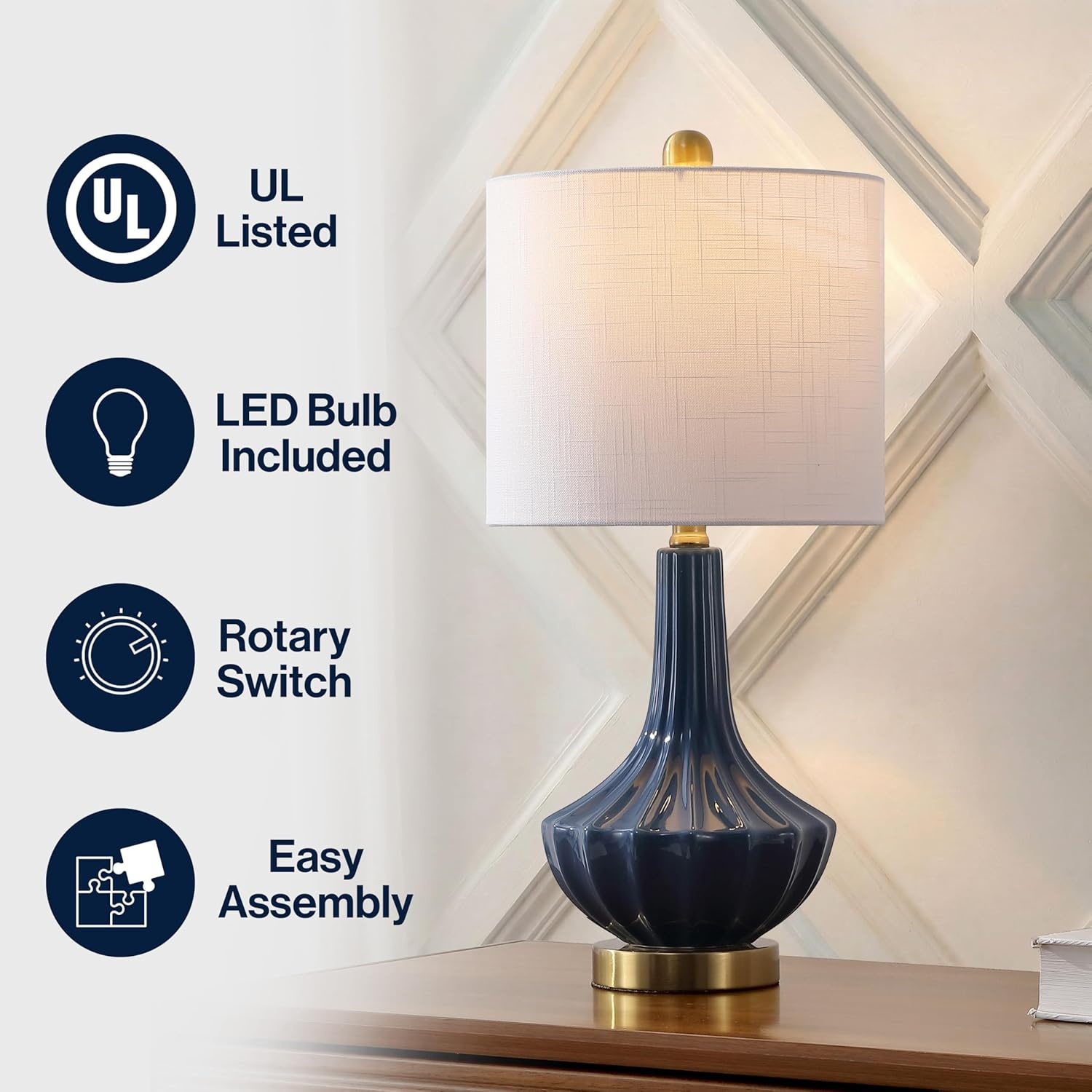 image:imageJONATHAN Y 215 Black Brass Gold Ribbed Ceramic Gourd Table Lamp Contemporary Bedside Nightstand Lamp for Bedroom Living Room with White Linen Shade LED Bulb Included JYL1030BBlue