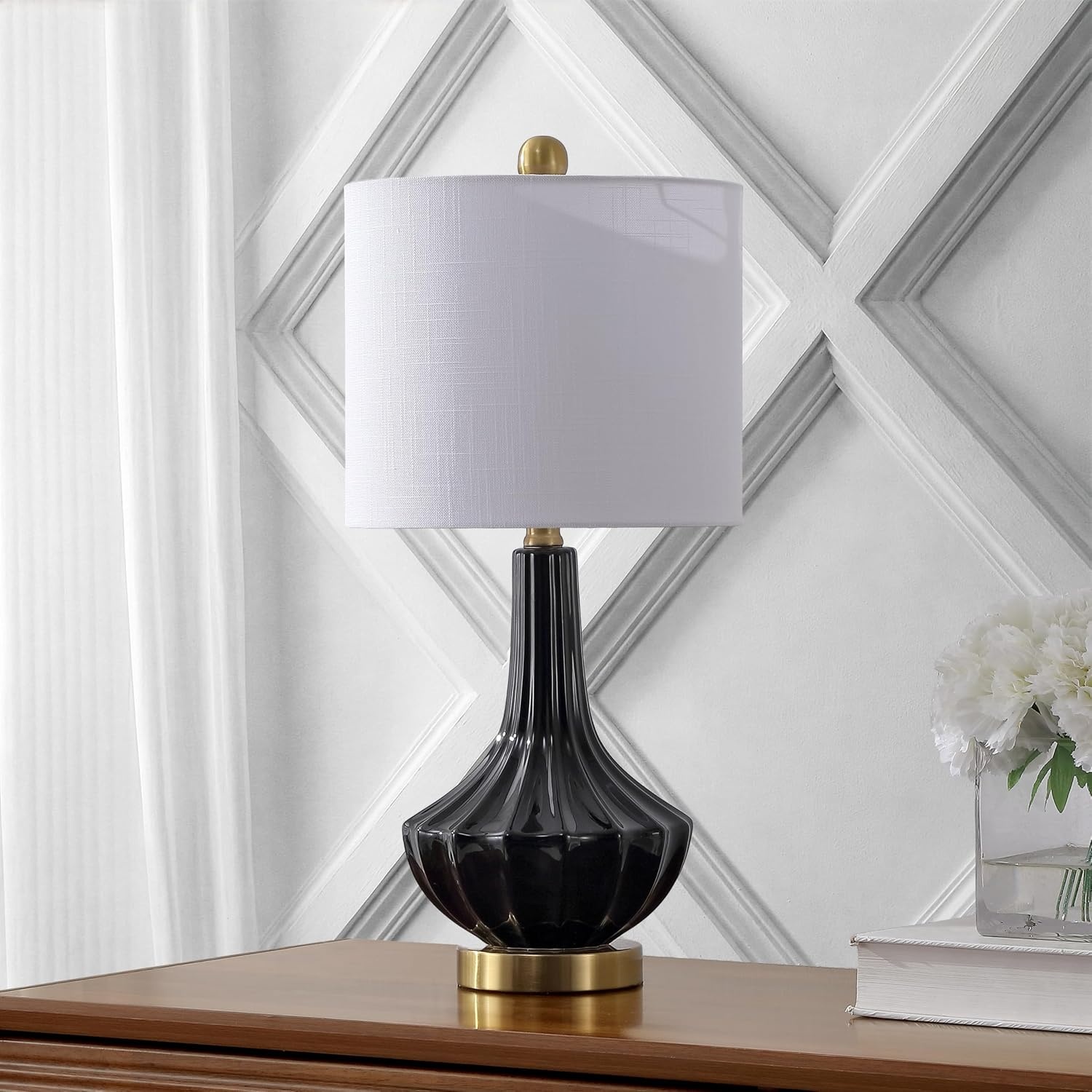 image:imageJONATHAN Y 215 Black Brass Gold Ribbed Ceramic Gourd Table Lamp Contemporary Bedside Nightstand Lamp for Bedroom Living Room with White Linen Shade LED Bulb Included JYL1030BBlack