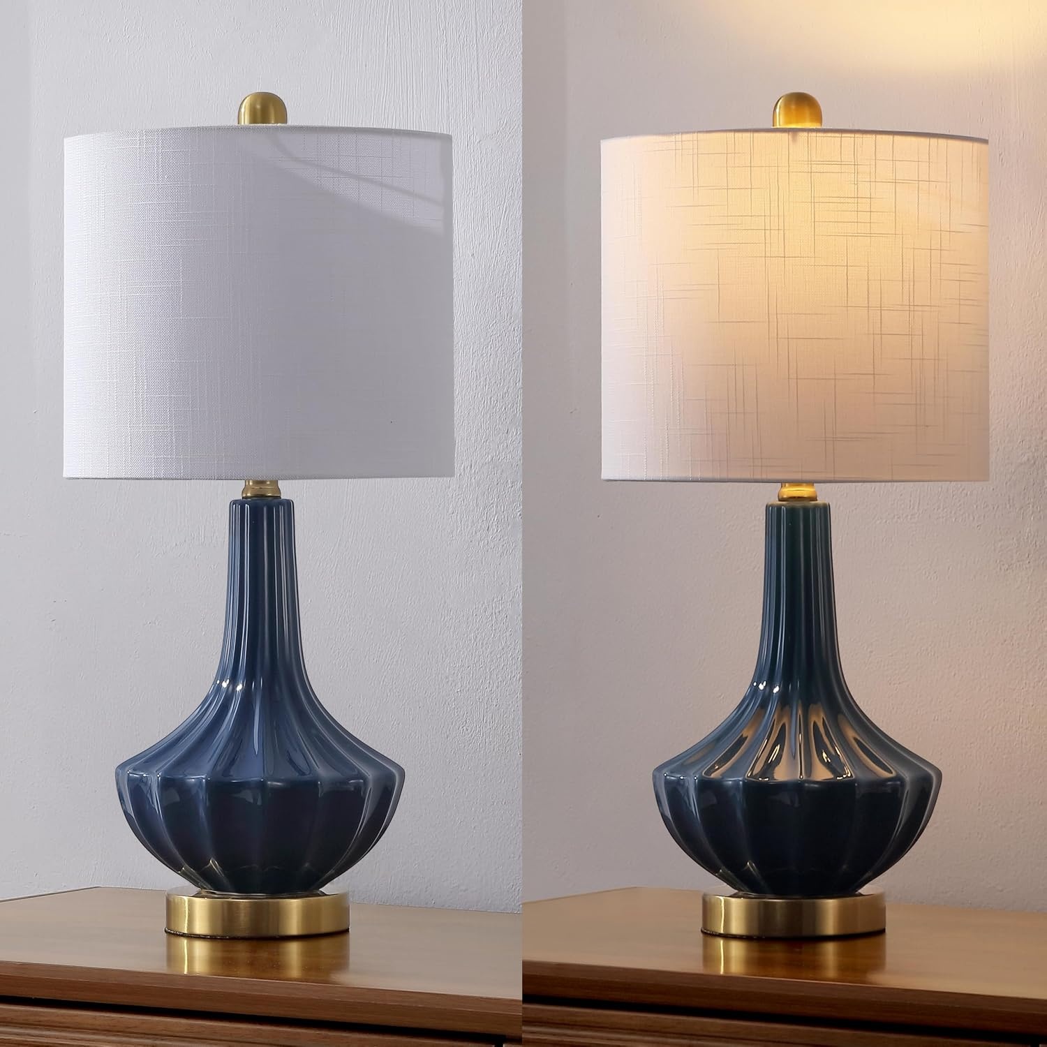 image:imageJONATHAN Y 215 Black Brass Gold Ribbed Ceramic Gourd Table Lamp Contemporary Bedside Nightstand Lamp for Bedroom Living Room with White Linen Shade LED Bulb Included JYL1030BBlue
