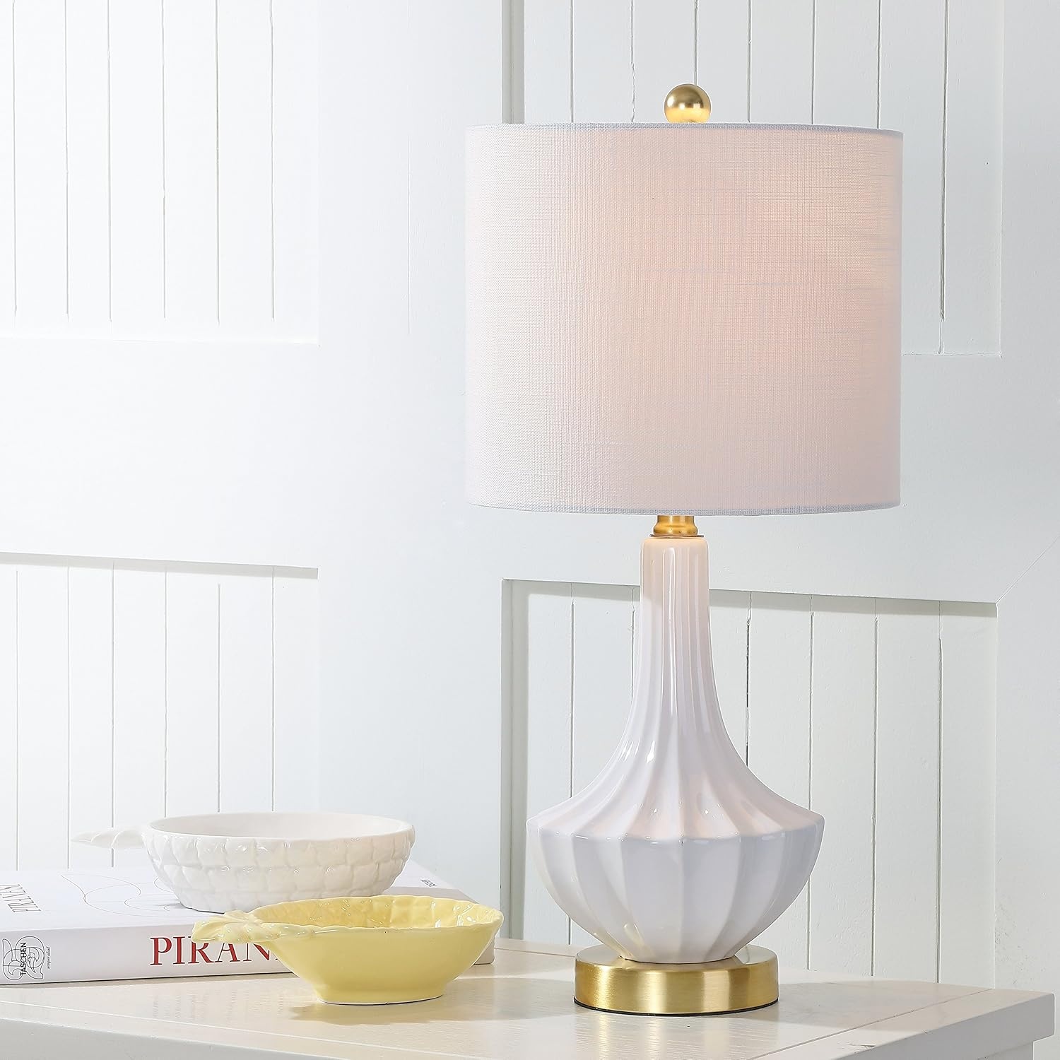 image:imageJONATHAN Y 215 Black Brass Gold Ribbed Ceramic Gourd Table Lamp Contemporary Bedside Nightstand Lamp for Bedroom Living Room with White Linen Shade LED Bulb Included JYL1030BWhite
