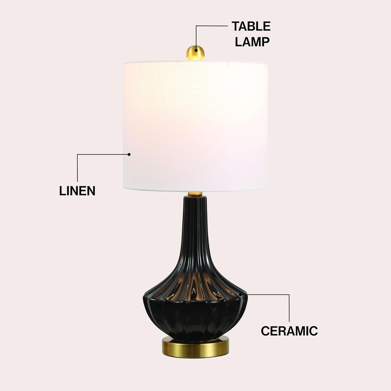 image:imageJONATHAN Y 215 Black Brass Gold Ribbed Ceramic Gourd Table Lamp Contemporary Bedside Nightstand Lamp for Bedroom Living Room with White Linen Shade LED Bulb Included JYL1030BBlack