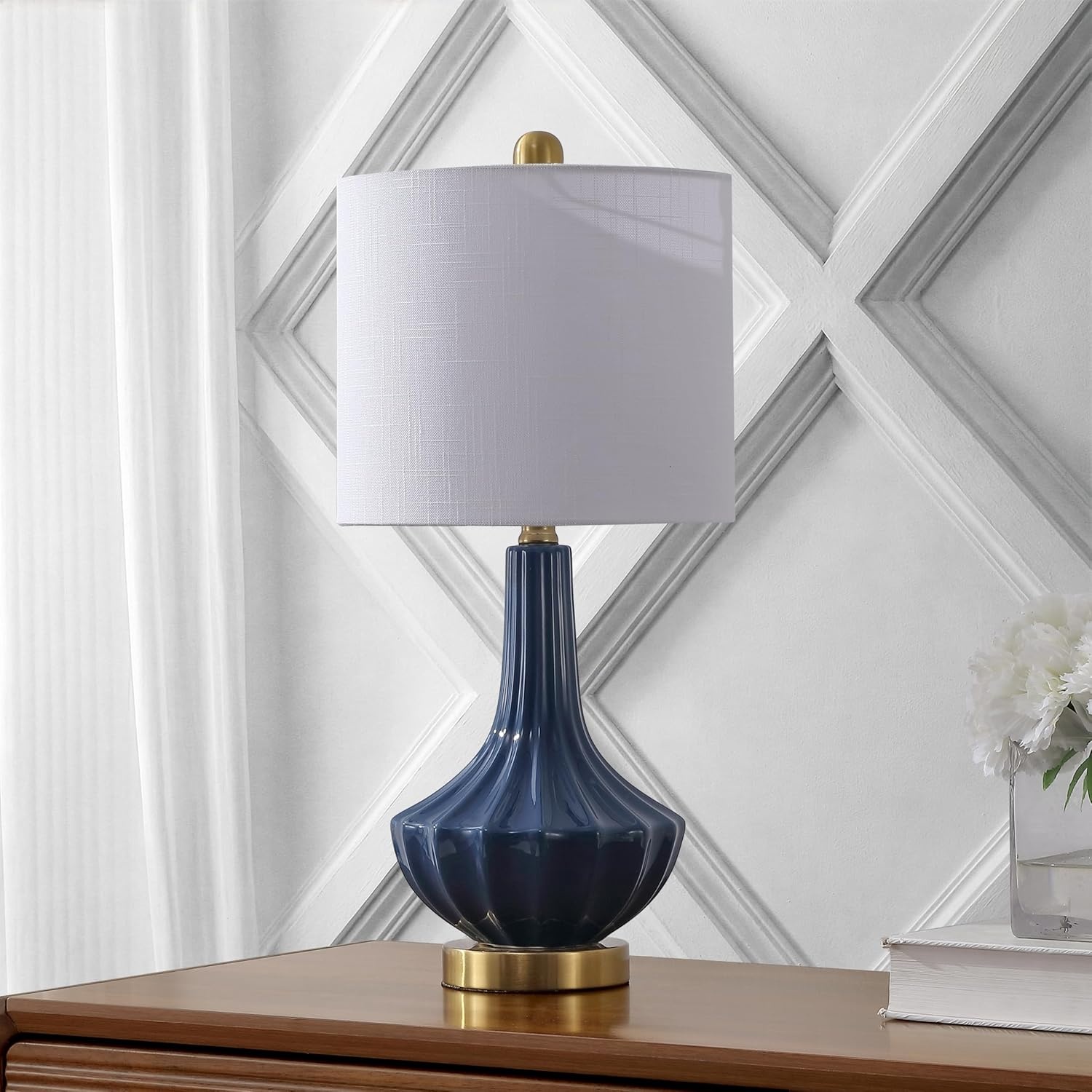 image:imageJONATHAN Y 215 Black Brass Gold Ribbed Ceramic Gourd Table Lamp Contemporary Bedside Nightstand Lamp for Bedroom Living Room with White Linen Shade LED Bulb Included JYL1030BBlue