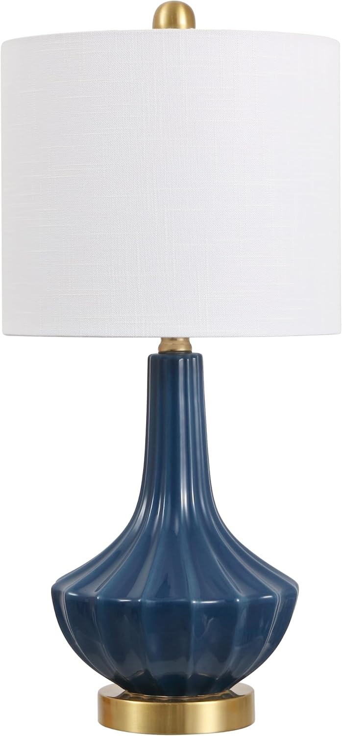 image:imageJONATHAN Y 215 Black Brass Gold Ribbed Ceramic Gourd Table Lamp Contemporary Bedside Nightstand Lamp for Bedroom Living Room with White Linen Shade LED Bulb Included JYL1030BBlue