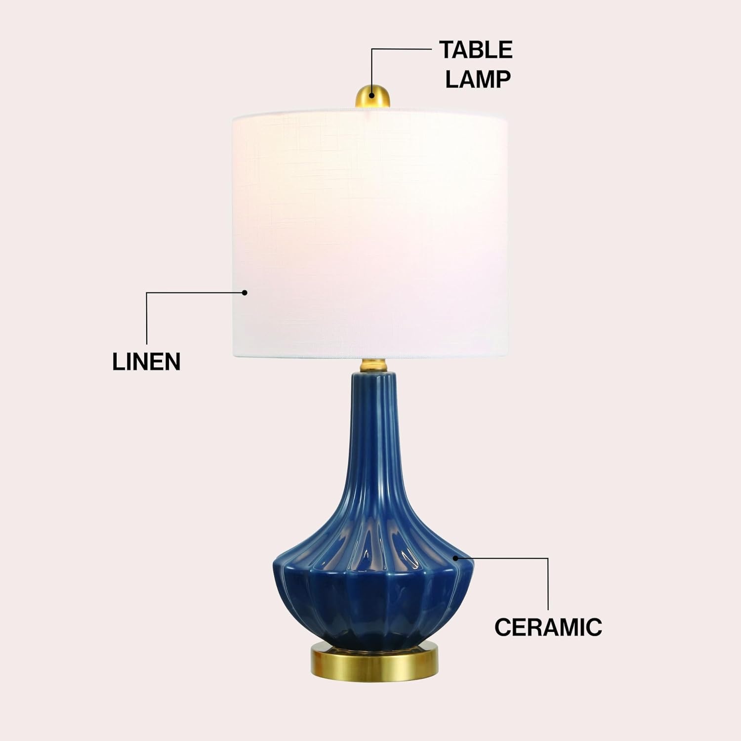 image:imageJONATHAN Y 215 Black Brass Gold Ribbed Ceramic Gourd Table Lamp Contemporary Bedside Nightstand Lamp for Bedroom Living Room with White Linen Shade LED Bulb Included JYL1030BBlue