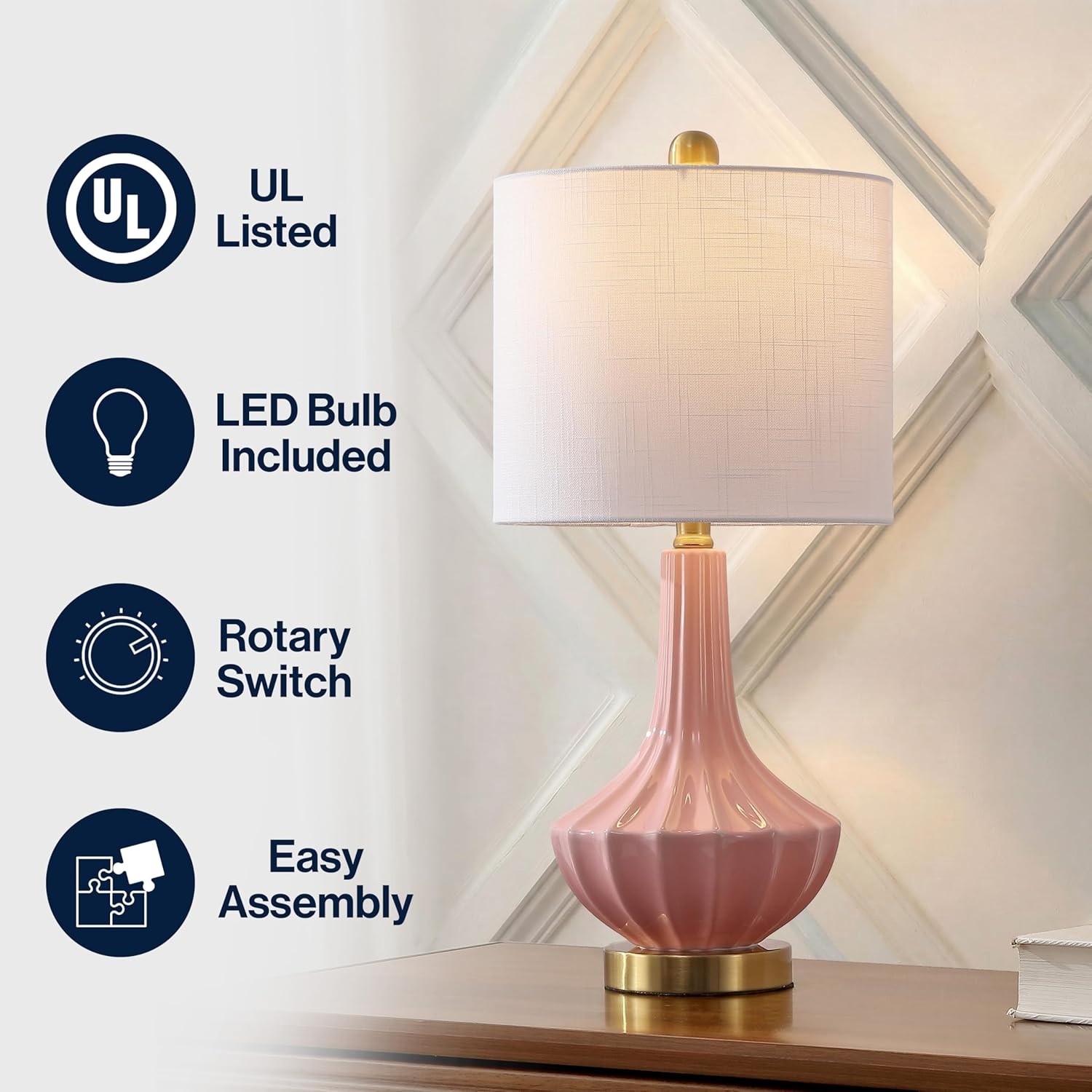image:imageJONATHAN Y 215 Black Brass Gold Ribbed Ceramic Gourd Table Lamp Contemporary Bedside Nightstand Lamp for Bedroom Living Room with White Linen Shade LED Bulb Included JYL1030BPink