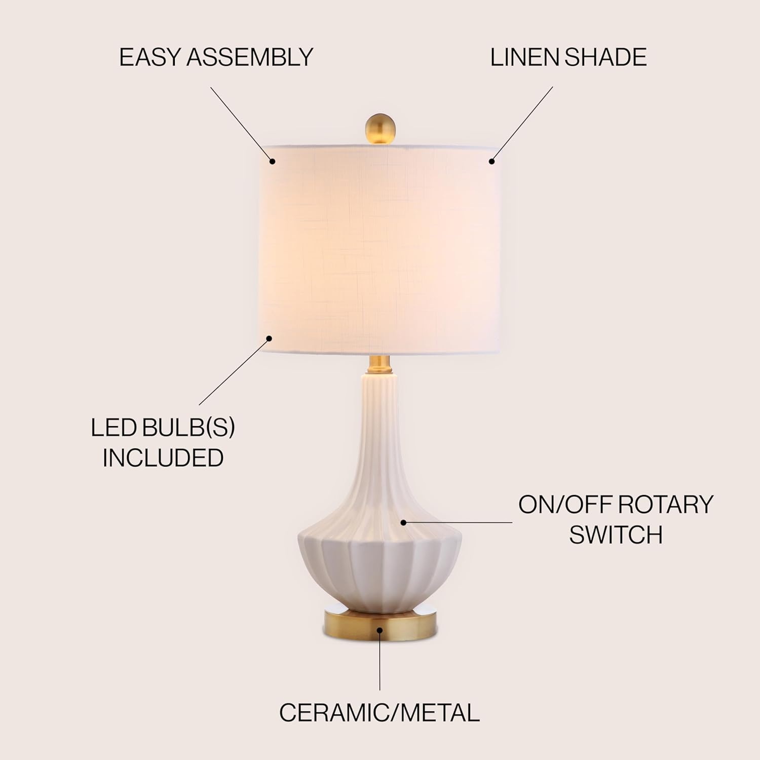 image:imageJONATHAN Y 215 Black Brass Gold Ribbed Ceramic Gourd Table Lamp Contemporary Bedside Nightstand Lamp for Bedroom Living Room with White Linen Shade LED Bulb Included JYL1030BWhite