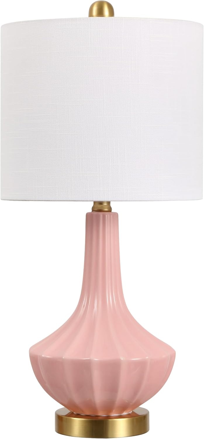 image:imageJONATHAN Y 215 Black Brass Gold Ribbed Ceramic Gourd Table Lamp Contemporary Bedside Nightstand Lamp for Bedroom Living Room with White Linen Shade LED Bulb Included JYL1030BPink