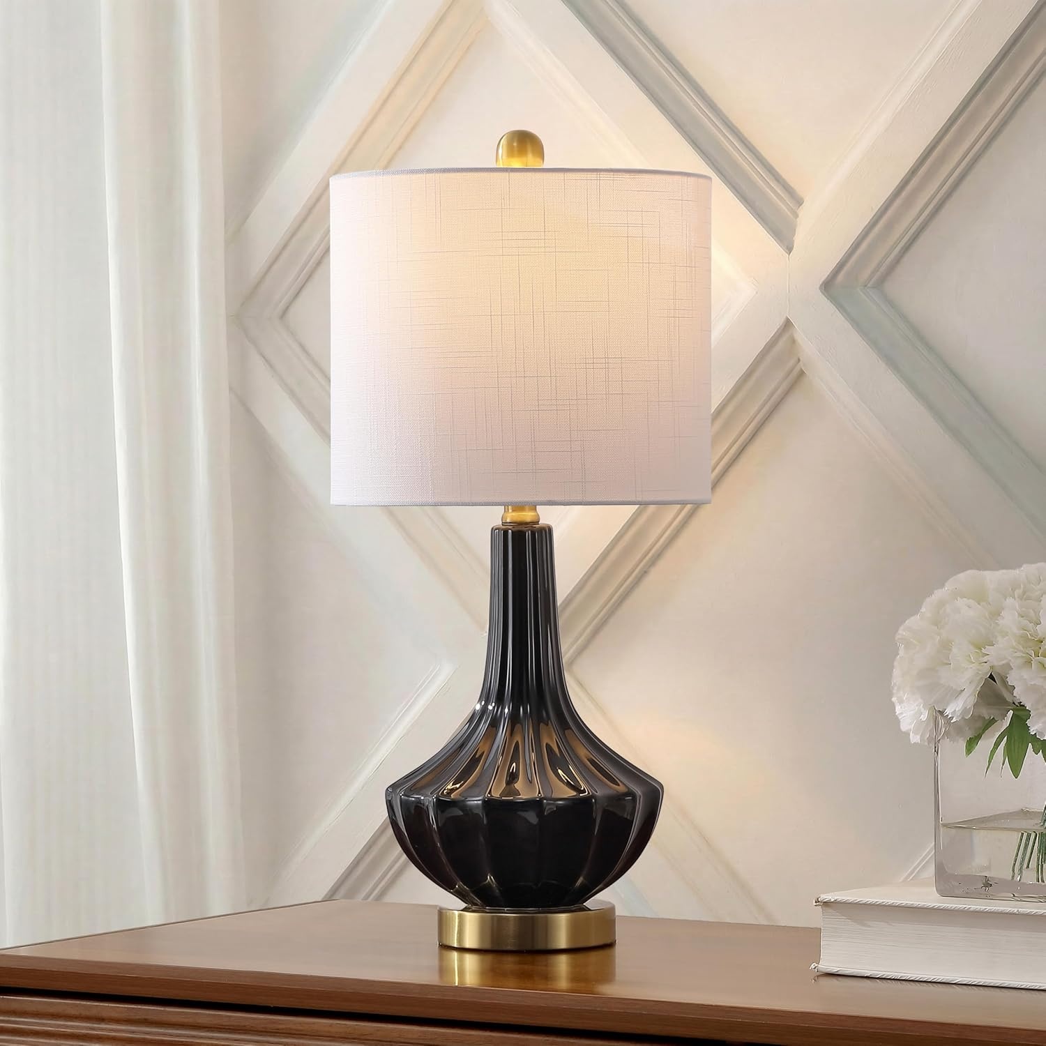image:imageJONATHAN Y 215 Black Brass Gold Ribbed Ceramic Gourd Table Lamp Contemporary Bedside Nightstand Lamp for Bedroom Living Room with White Linen Shade LED Bulb Included JYL1030BBlack