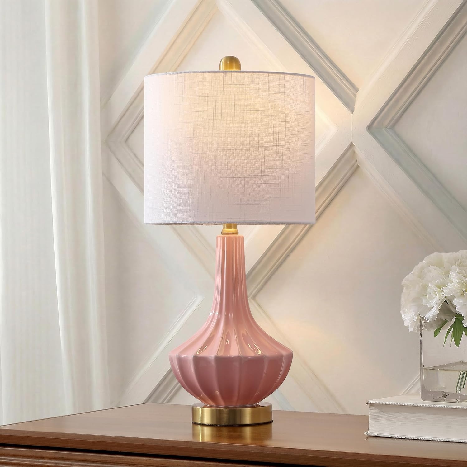 image:imageJONATHAN Y 215 Black Brass Gold Ribbed Ceramic Gourd Table Lamp Contemporary Bedside Nightstand Lamp for Bedroom Living Room with White Linen Shade LED Bulb Included JYL1030BPink