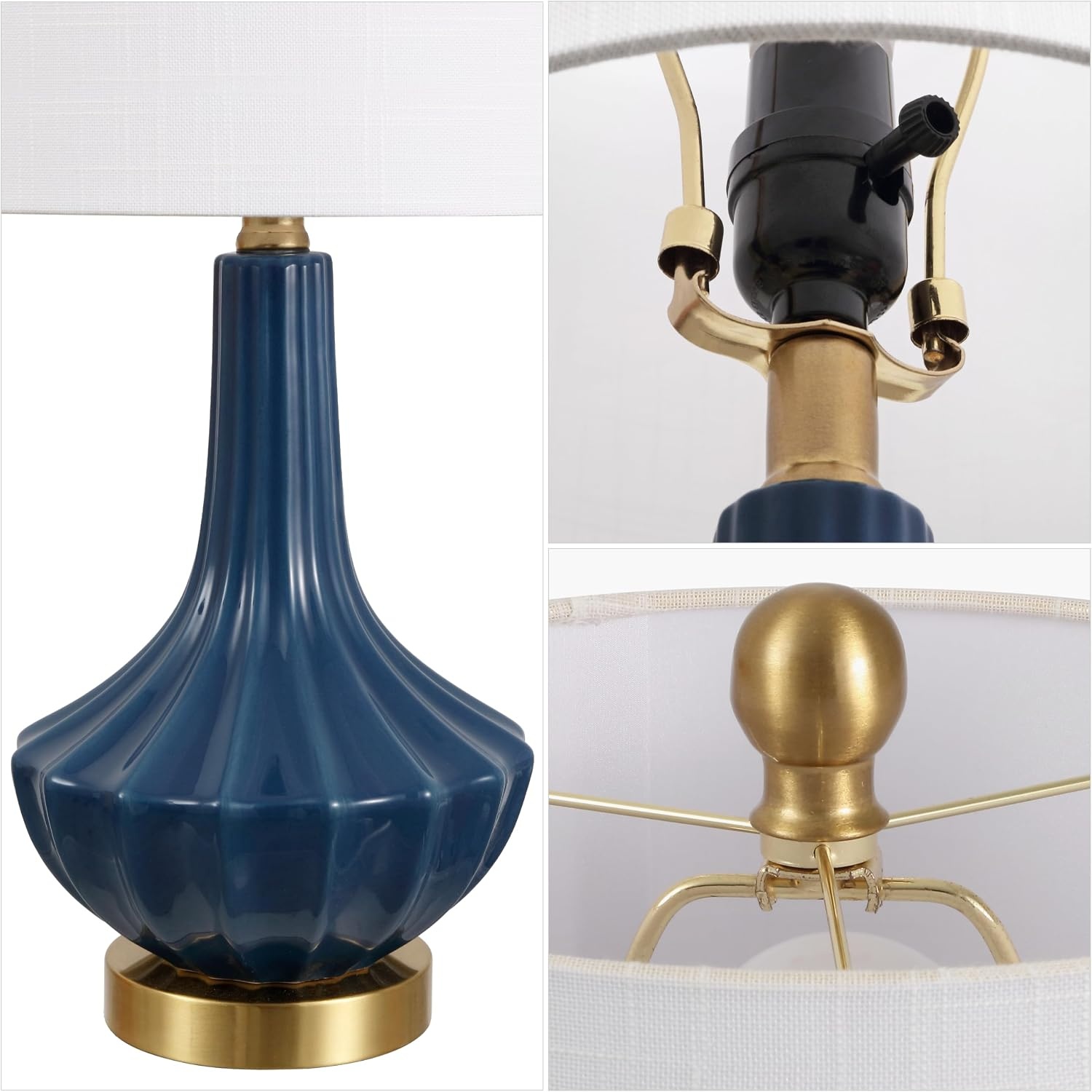 image:imageJONATHAN Y 215 Black Brass Gold Ribbed Ceramic Gourd Table Lamp Contemporary Bedside Nightstand Lamp for Bedroom Living Room with White Linen Shade LED Bulb Included JYL1030BBlue