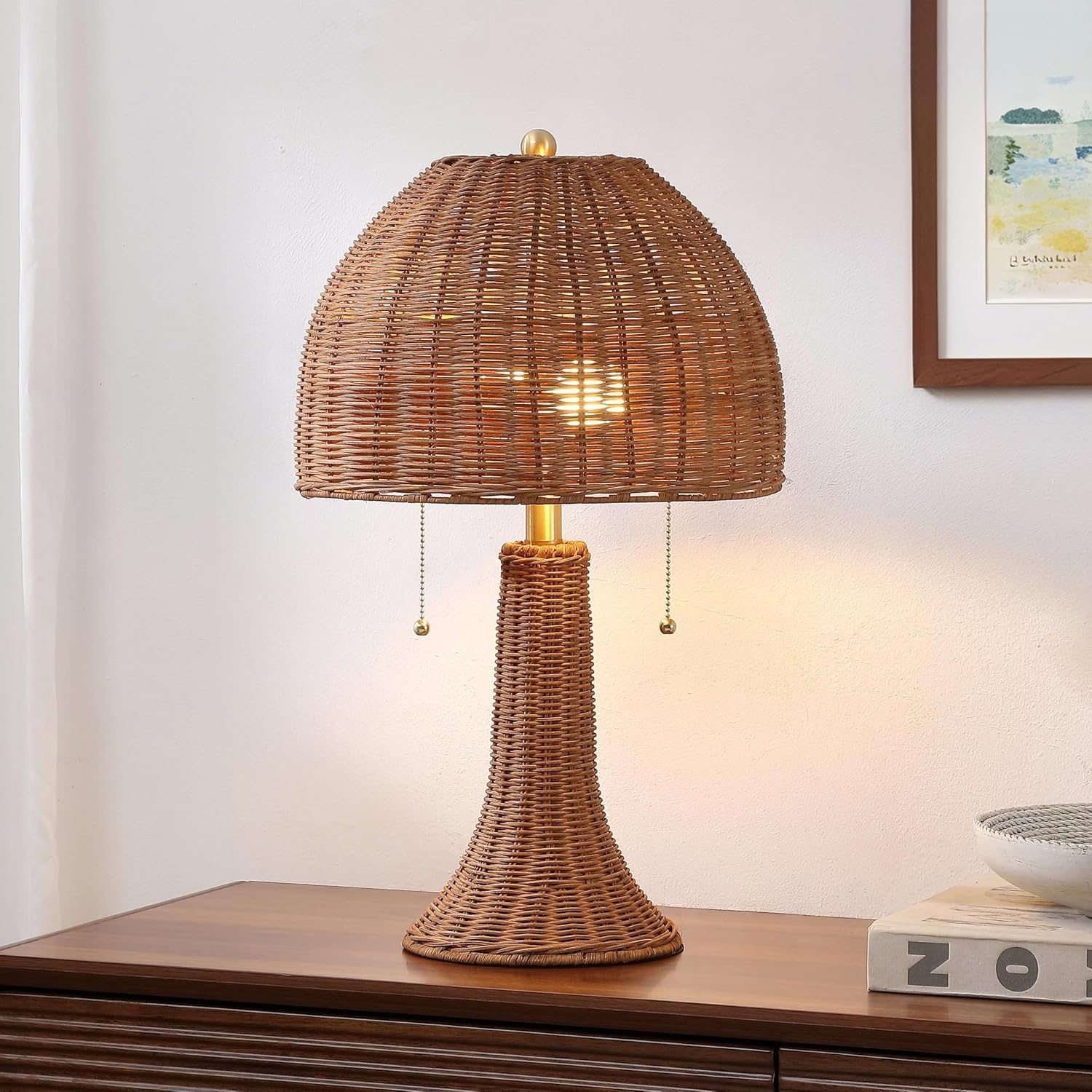 image:imageJONATHAN Y 22 Dark Brown Woven Rattan Mushroom Table Lamp Bohemian Coastal Bedside Lamp for Living Room Bedroom with Rattan Dome Shade LED Bulb Included JYL4011CDark BrownBrass Gold