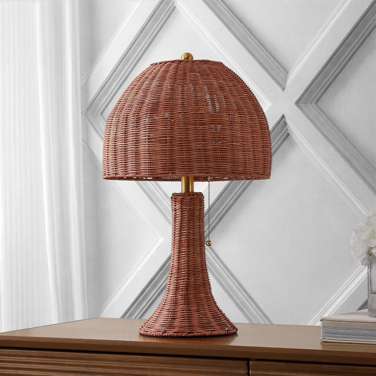 image:imageJONATHAN Y 22 Dark Brown Woven Rattan Mushroom Table Lamp Bohemian Coastal Bedside Lamp for Living Room Bedroom with Rattan Dome Shade LED Bulb Included JYL4011CDark BrownBrass Gold