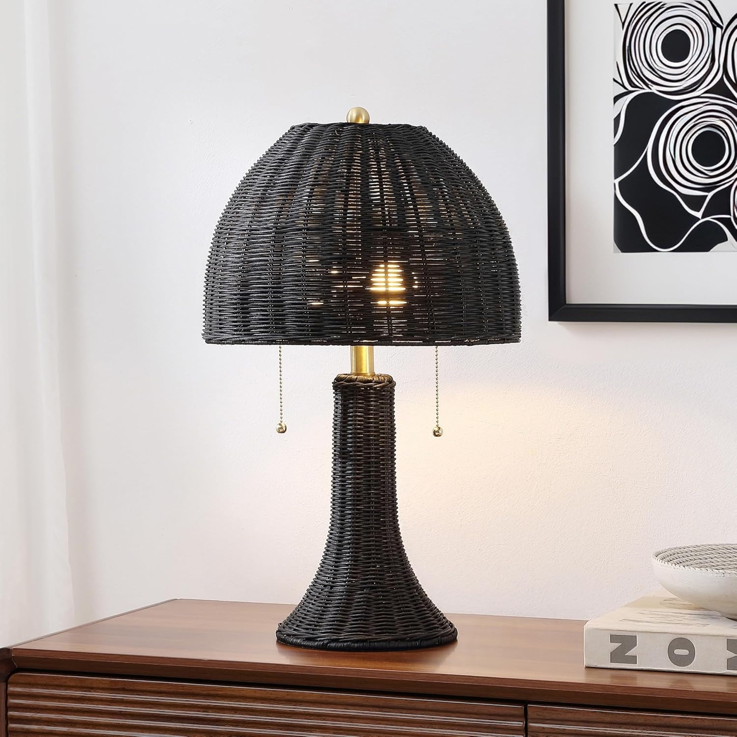 image:imageJONATHAN Y 22 Dark Brown Woven Rattan Mushroom Table Lamp Bohemian Coastal Bedside Lamp for Living Room Bedroom with Rattan Dome Shade LED Bulb Included JYL4011CBlackBrass Gold