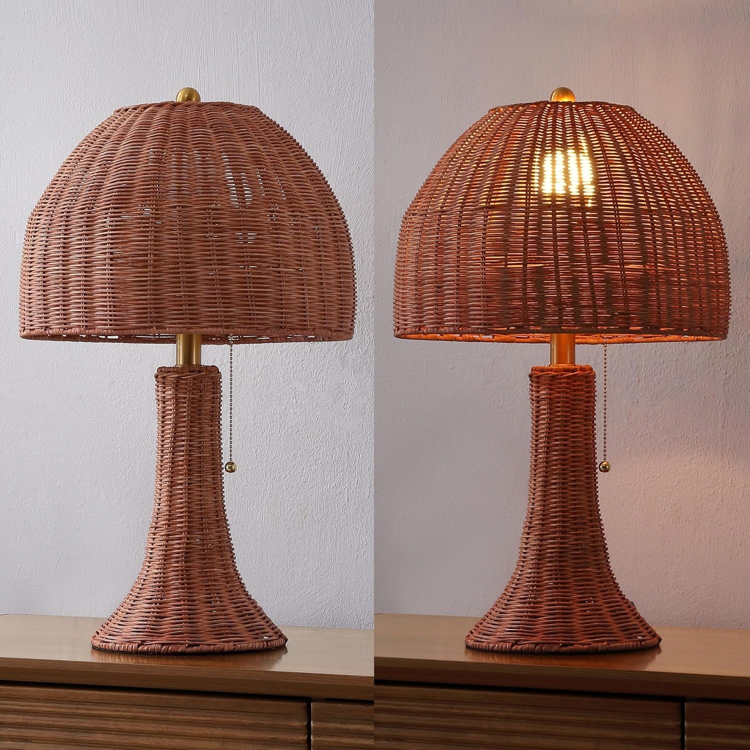 image:imageJONATHAN Y 22 Dark Brown Woven Rattan Mushroom Table Lamp Bohemian Coastal Bedside Lamp for Living Room Bedroom with Rattan Dome Shade LED Bulb Included JYL4011CDark BrownBrass Gold