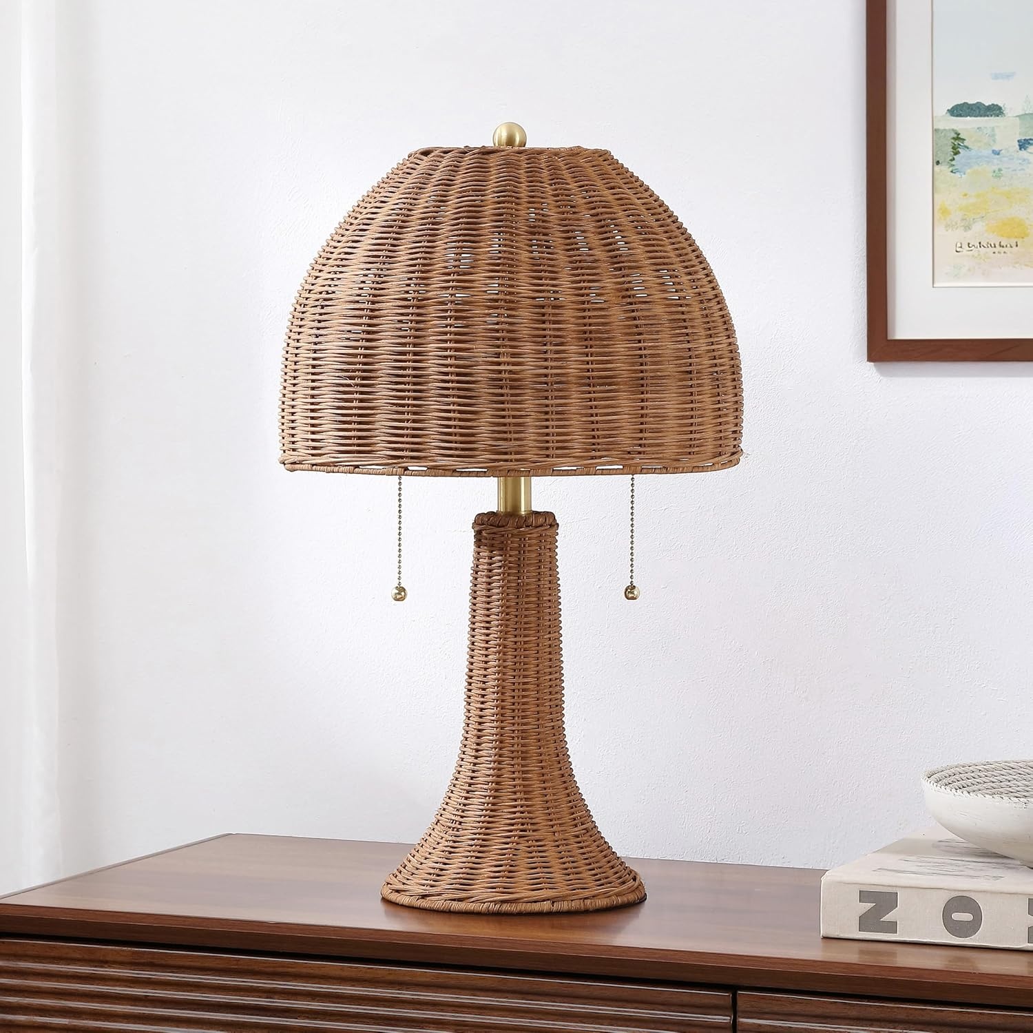 image:imageJONATHAN Y 22 Dark Brown Woven Rattan Mushroom Table Lamp Bohemian Coastal Bedside Lamp for Living Room Bedroom with Rattan Dome Shade LED Bulb Included JYL4011CDark BrownBrass Gold