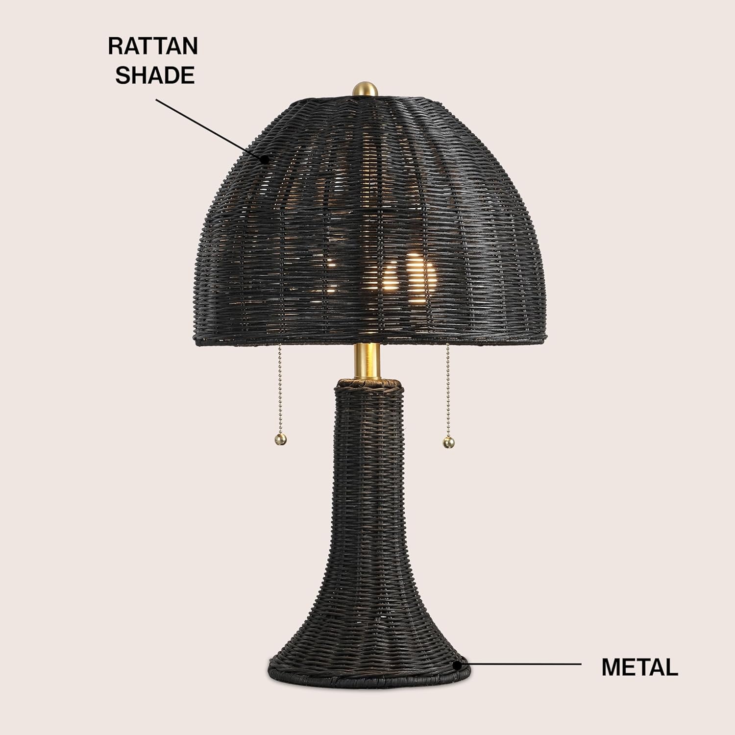 image:imageJONATHAN Y 22 Dark Brown Woven Rattan Mushroom Table Lamp Bohemian Coastal Bedside Lamp for Living Room Bedroom with Rattan Dome Shade LED Bulb Included JYL4011CBlackBrass Gold