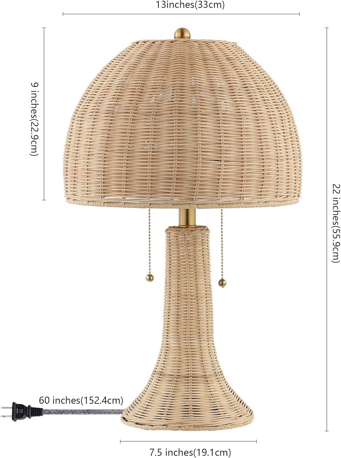 image:imageJONATHAN Y 22 Dark Brown Woven Rattan Mushroom Table Lamp Bohemian Coastal Bedside Lamp for Living Room Bedroom with Rattan Dome Shade LED Bulb Included JYL4011CNaturalBrass Gold